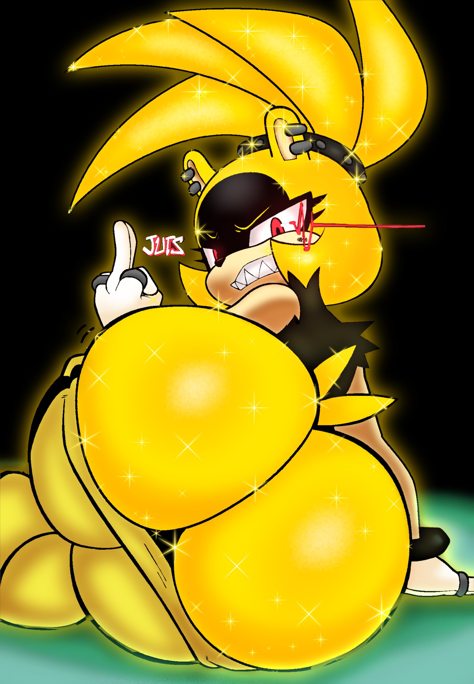 angry, ass, big butt, black clothing, black shirt, black topwear, blonde hair, bottomwear, bottomwear down, bracelet, butt focus, clothed, clothing, color edit, colored, ear piercing, electricity, eyelashes, female, gesture, glistening, glistening body, gloves, hair, hand gesture, handwear, hi res, idw publishing, jewelry, jutsapostion, looking at viewer, looking back, middle finger, pants, pants down, partially clothed, piercing, rear view, red eyes, ring, sega, sharp teeth, shirt, sketchcolor, solo, sonic (series), sonic the hedgehog (comics), sonic the hedgehog (idw), sonic the hedgehog (series), studded hair tie, super form, super surge, surge the tenrec, tail, teeth, third-party edit, topwear, torn clothing, torn shirt, torn topwear, white clothing, white gloves, white handwear, yellow body, yellow bottomwear, yellow butt, yellow clothing, yellow pants
