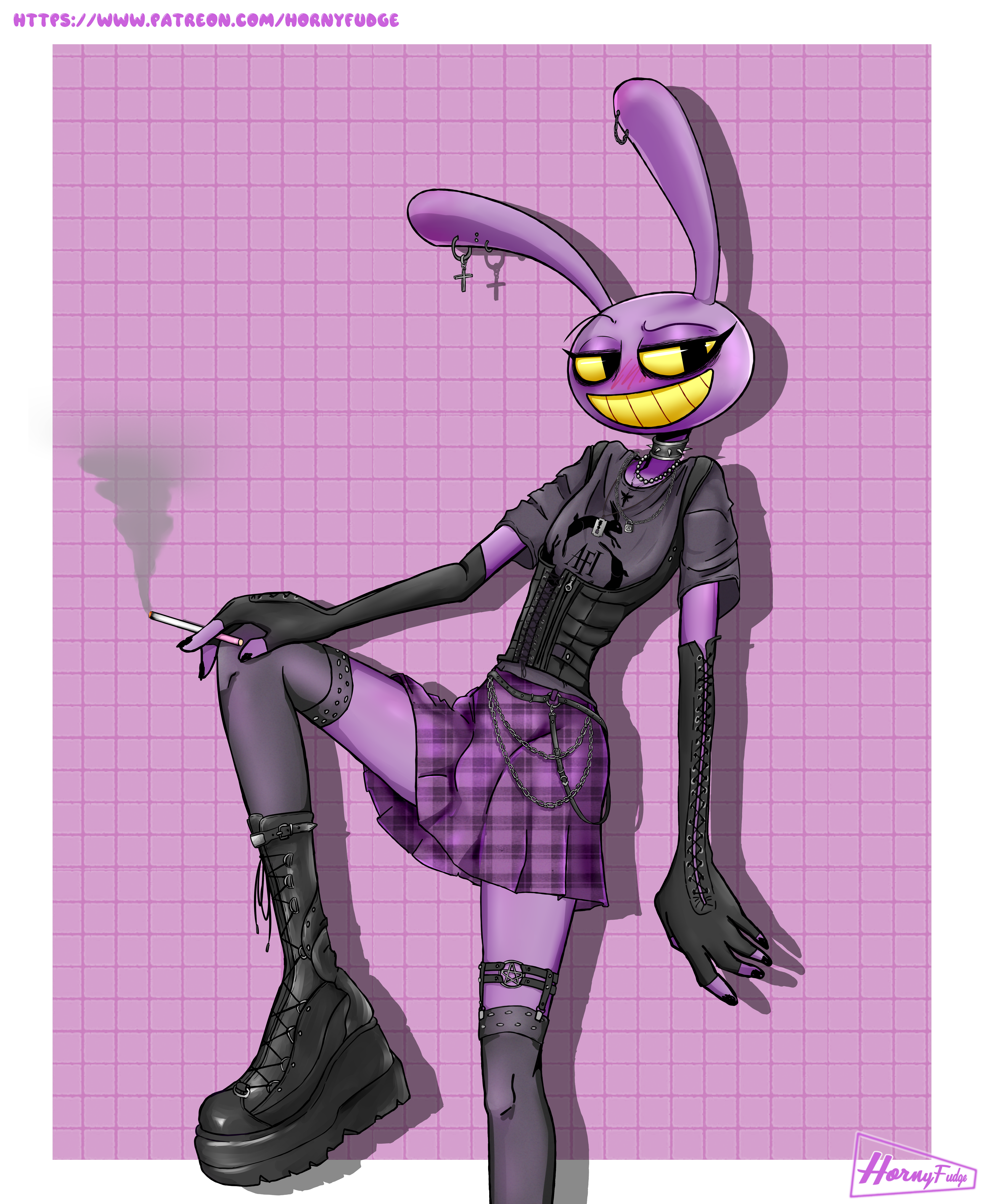 2d, 2d (artwork), 2d artwork, anthro, anthro only, artist logo, bunny, bunny boy, emo, femboy, feminization, fully clothed, glitch productions, hornyfudge, jax, jax (tadc), jax (the amazing digital circus), male, male only, purple body, purple skin, sfw, smiling, smug, solo, tadc, teeth, teeth showing, teeth visible, the amazing digital circus, watermark, yellow eyes, yellow sclera, yellow teeth
