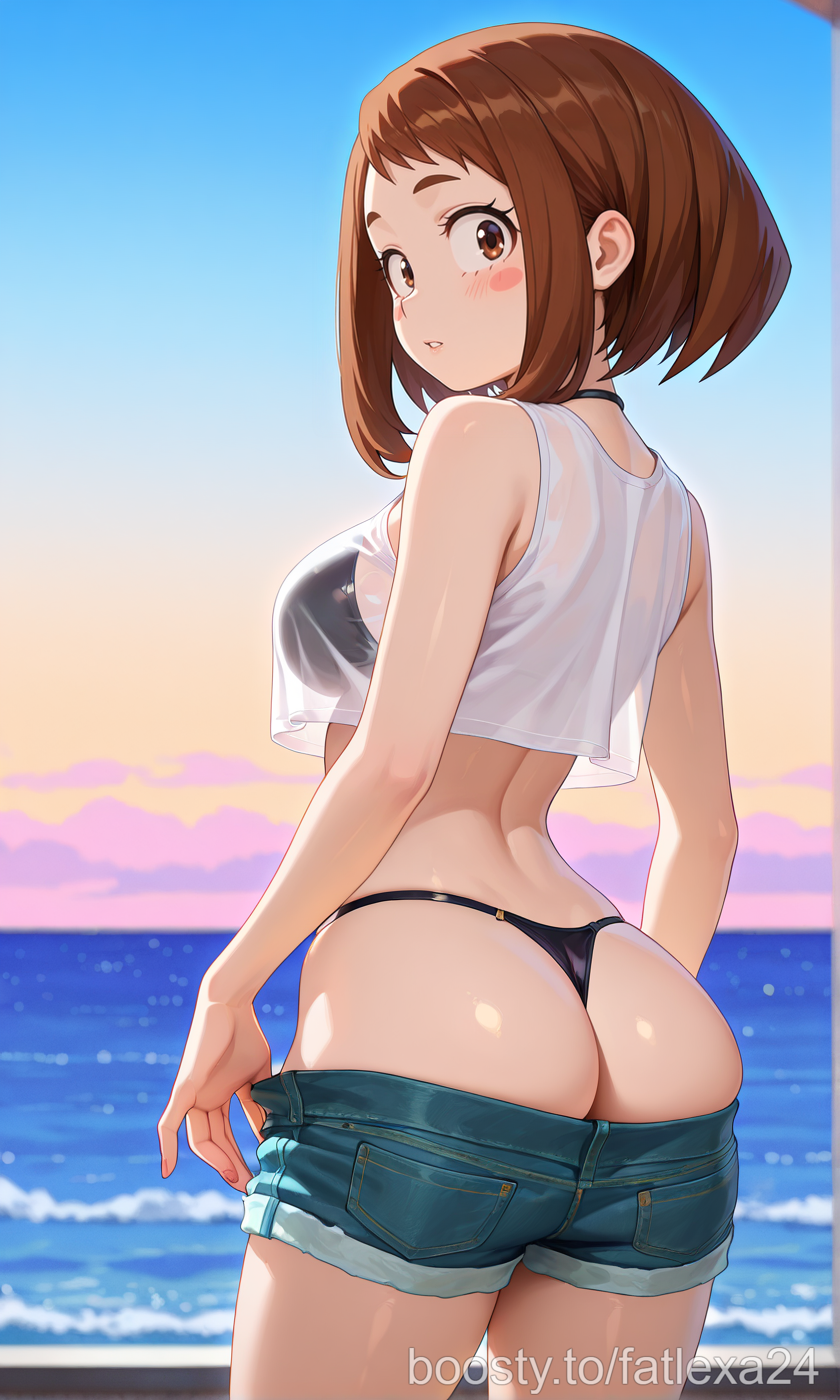 1girls, ai generated, ass, ass focus, bikini, breasts, brown eyes, brown hair, brown-haired female, crop top, female, female only, large breasts, light-skinned female, medium breasts, my hero academia, ochako uraraka, shorts, solo, thighs, thong, uraraka ochako
