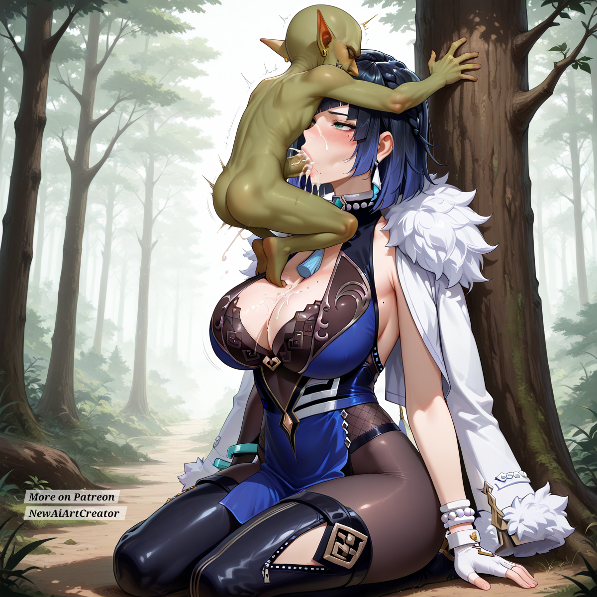 ai generated, anthro, blowjob, breasts, cum, cum in mouth, cum inside, dark hair, duo, fellatio, female, genshin impact, goblin, goblin male, hand on head, hoyoverse, intersex, interspecies, irrumatio, male, newaiartcreator, oral, oral sex, penis, size difference, smaller male, yelan (genshin impact)