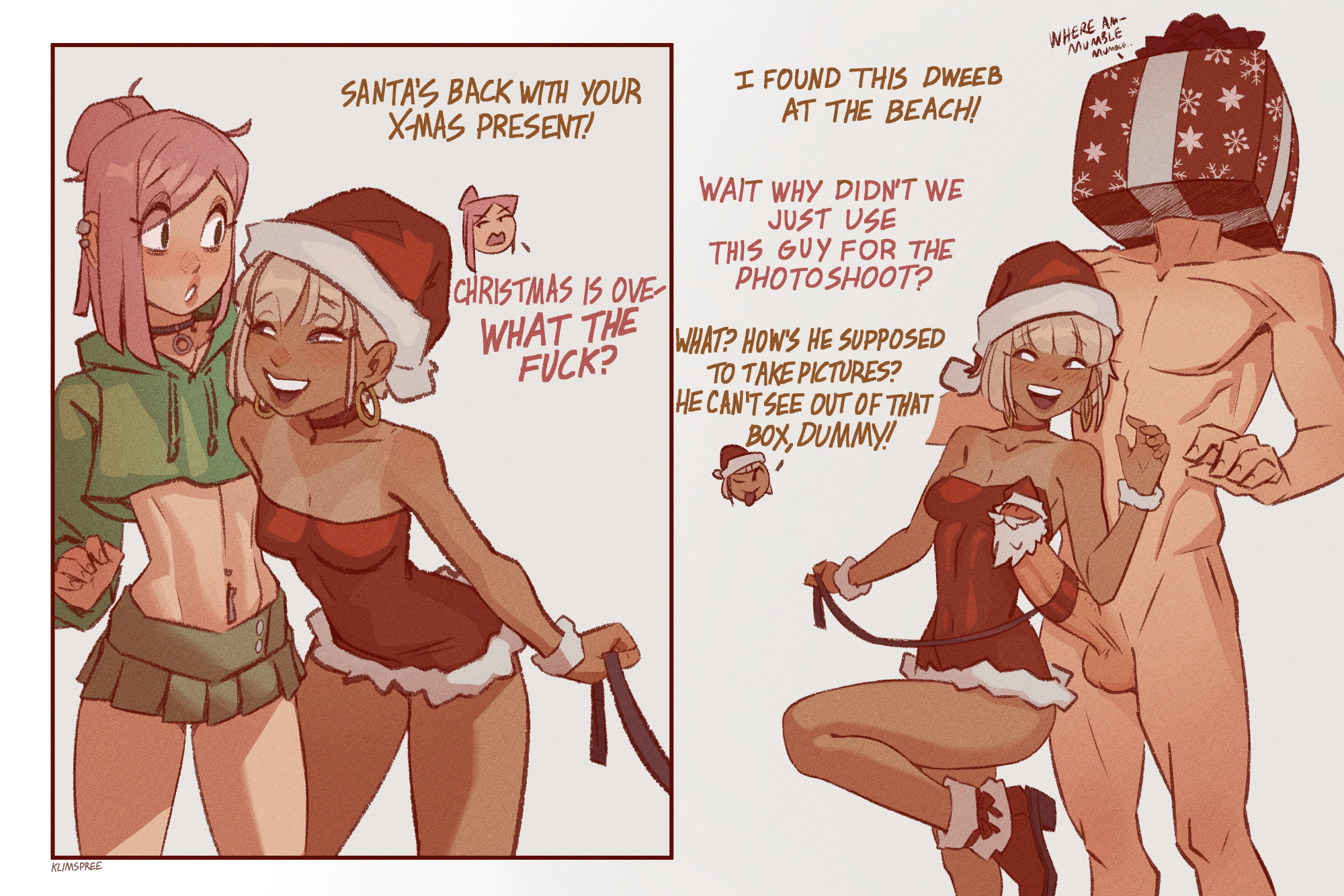 1boy, 2girls, 2girls1boy, assertive female, balls, bisexual, bisexual female, blonde hair, box on head, choker, christmas, christmas present, clothed female nude male, english text, erection, femdom, gift wrapped, gift wrapped male, girlfriends, gyaru, height difference, klimspree, large penis, leash, malesub, naughty face, navel piercing, original, penis, penis leash, piercing, pink hair, santa hat, small breasts, standing on one leg, suika (klimspree), upper teeth only, yuzu (klimspree)