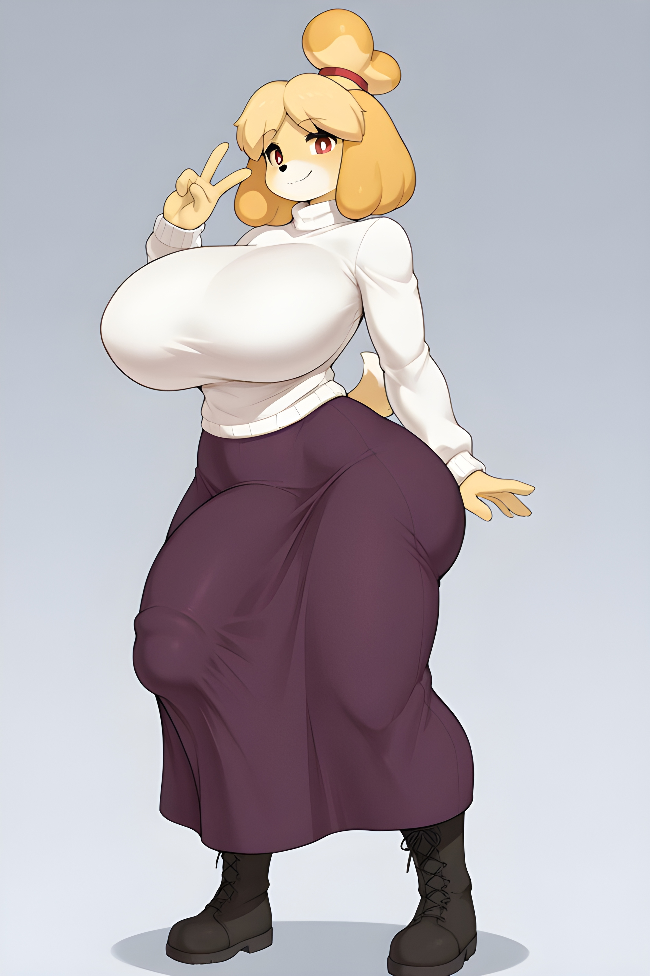 ai generated, animal crossing, arcueid brunestud, arcueid brunestud (cosplay), big breasts, big penis, big thighs, boots, clothing, curvy, curvy figure, fur, furry only, futa only, futanari, isabelle (animal crossing), melty blood arcueid figure (meme), nintendo, penis, penis under clothes, penis under skirt, purple skirt, red eyes, small waist, thick, v sign, video game character, video games, white sweater, yellow body, yellow fur