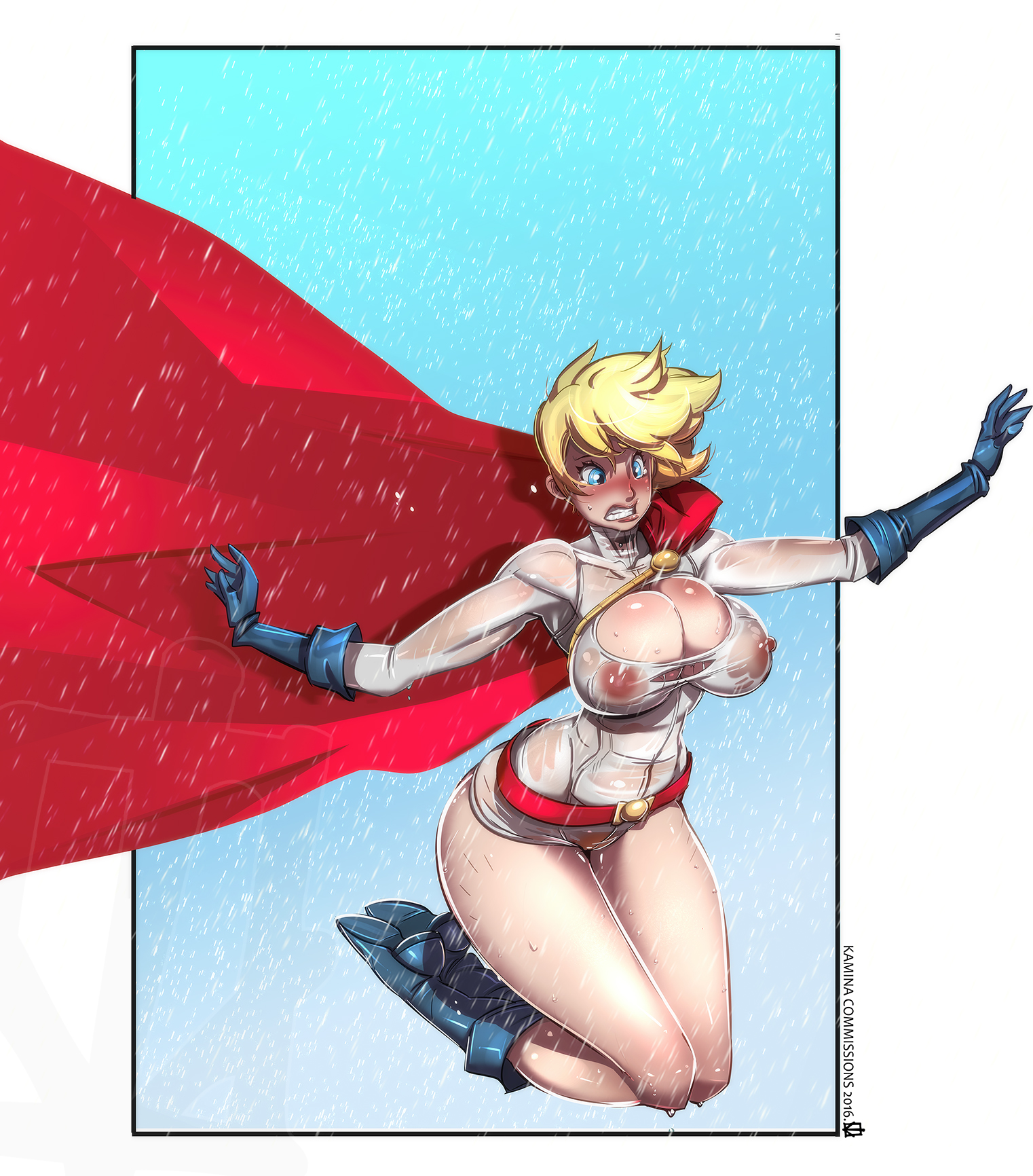 1girls, belt, blonde hair, blue eyes, blush, breasts, cape, cleavage, covered breasts, covered nipples, dc, dc comics, female, female only, gloves, justice league, kamina1978, kara zor-l, karen starr, large breasts, legs, leotard, nipples, power girl, shoes, short hair, signature, solo, superman (series), teeth, text, thighs, wet