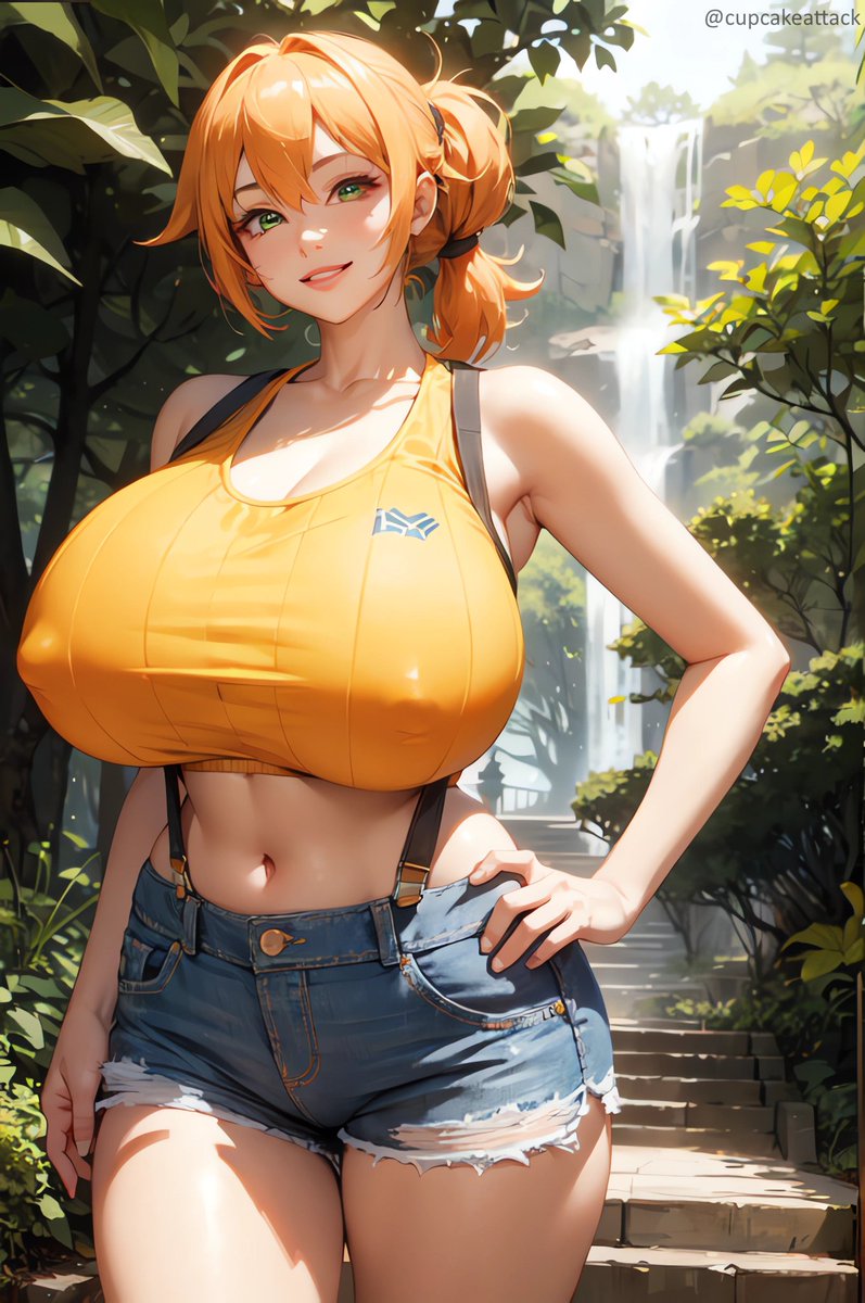 1girls, abs, ai generated, alternate breast size, asymmetrical hair, beach, blush, breasts, clothing, cowboy shot, crop top, cupcakeattack, denim, denim shorts, female, female only, game freak, gen 1 pokemon, green eyes, high resolution, hips, huge breasts, kasumi (pokemon), large breasts, legs, midriff, muscles, navel, nintendo, nipples, orange hair, pokemon, pokemon (anime), pokemon (classic anime), pokemon rgby, ponytail, red head, shirt, short hair, short shorts, shorts, side ponytail, sleeveless, sleeveless shirt, solo, spiky hair, suspenders, tank top, thighs, tied hair, wide hips, yellow shirt, zrhap