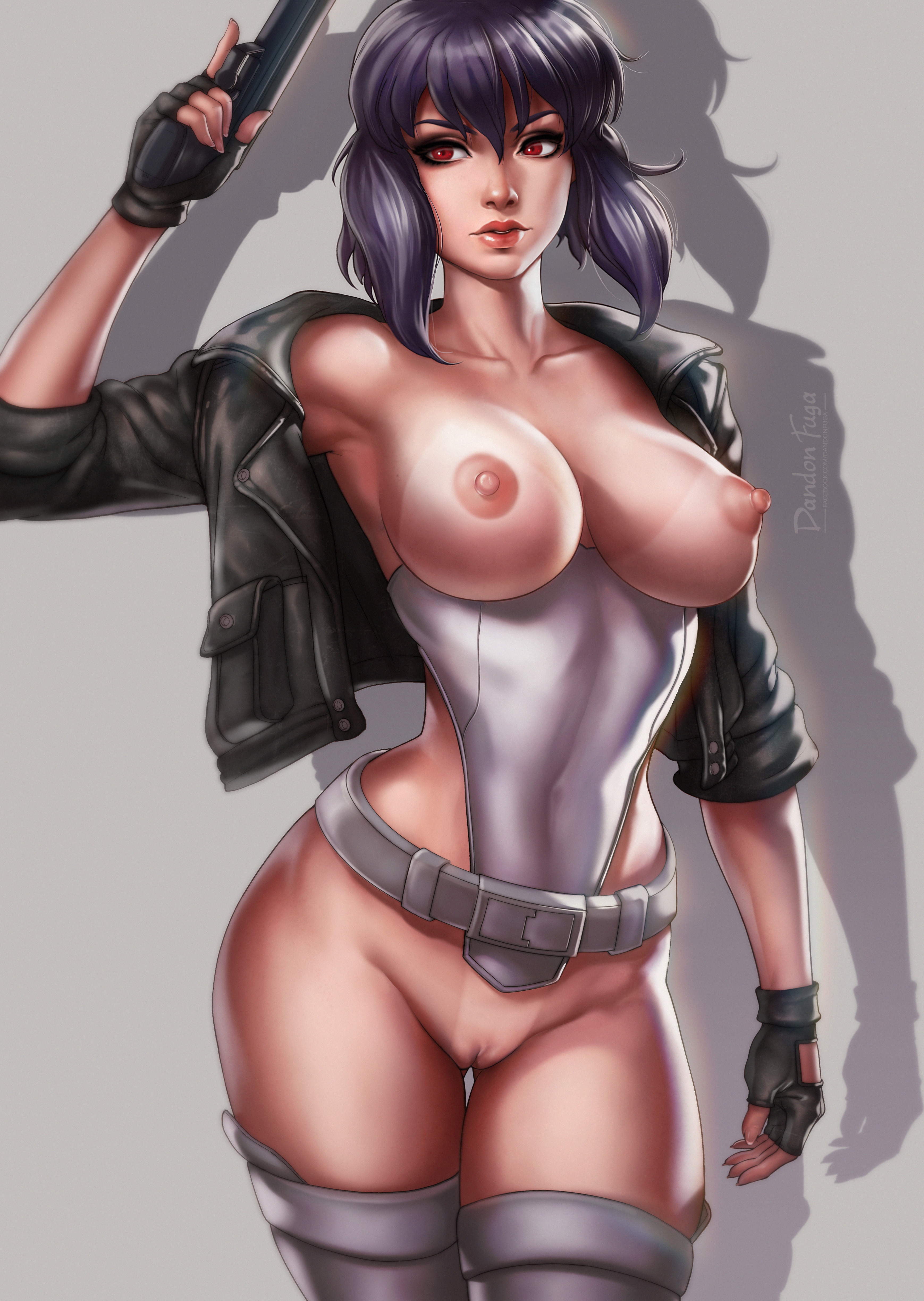 1girls, absurd res, alternate version available, armpits, belt, bottomless, breasts, casual, dandon fuga, female, female only, fingerless gloves, firearm, ghost in the shell, gloves, gun, handgun, handwear, hi res, human, jacket, kusanagi motoko, large breasts, legwear, nipples, outerwear, pale skin, purple hair, pussy, short hair, sleeves rolled up, solo, tanline, weapon