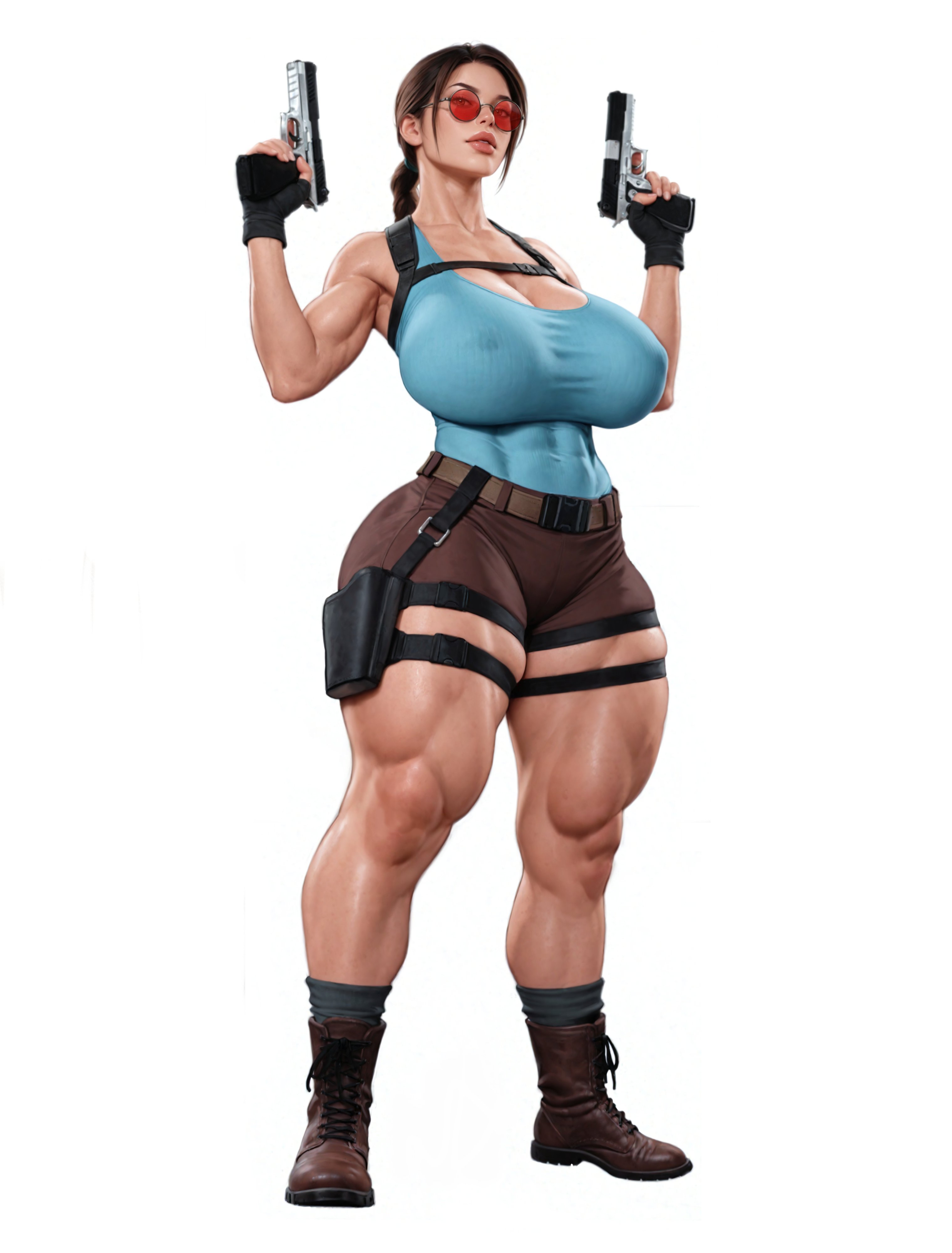 armpit, big lips, bimbo lips, huge breasts, huge thighs, jefferson ulisses, lara croft, lara croft (classic), muscular, muscular female, muscular thighs, sunglasses, thick legs, thick thighs, tinted eyewear, tomb raider, tomb raider (classic), wide hips
