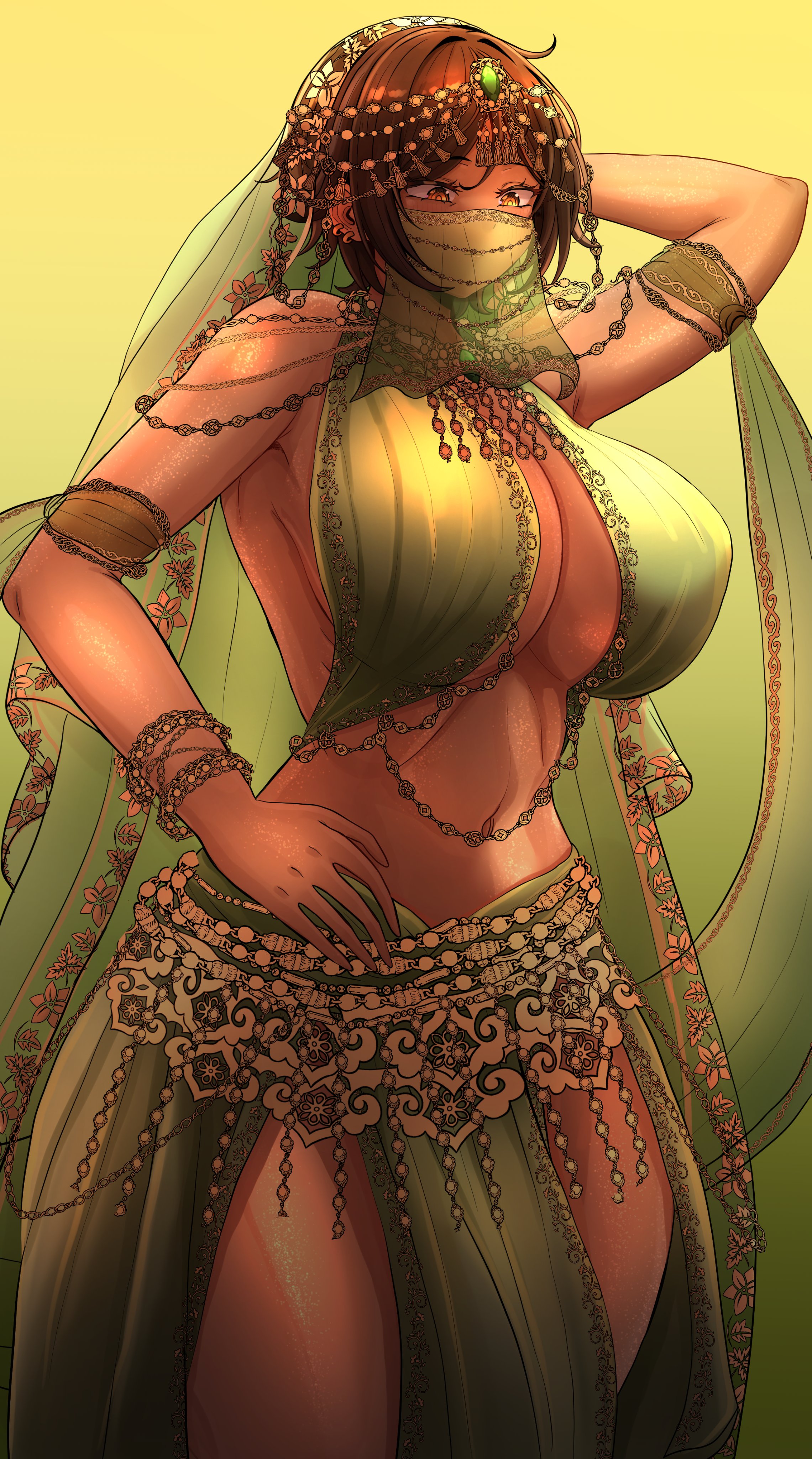 1girls, bbambi, boobs, curvy, dancer, dancer outfit, dark skin, dark-skinned female, face veil, harem outfit, hyper, hyper breasts, jewelry, large breasts, large thighs, limbus company, mature female, olive skin, orientalism, outis (limbus company), outis (project moon), pinup, project moon, revealing clothes, solo, solo female, solo focus, tagme, tan body, tan skin