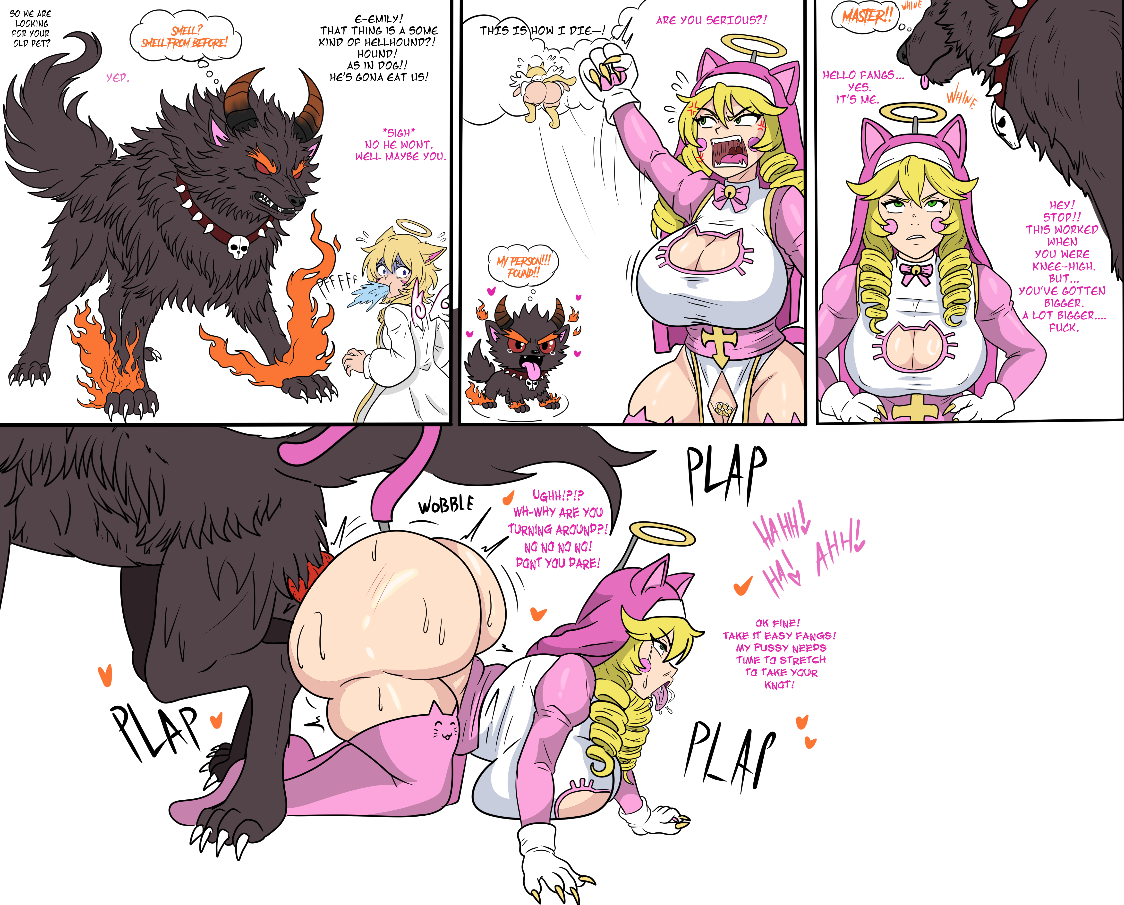 1boy, 1girls, affectionate, angry, angry expression, angry face, animal genitalia, animal penis, annoyed, annoyed expression, ass, ass bigger than head, ass focus, ass to ass, blonde female, blonde hair, breasts, breeding, canine, cat cutout, cat ears, cat tail, catboy, comic, dialogue, dog ears, dog tail, doggy style, english text, female, female on feral, feral, feral on female, feral on human, feral penetrating, fucked from behind, fucked into submission, fucked senseless, fucked silly, hellhound, horns, hound, knot, knotted penis, knotting position, loving it, male, monster, monster cock, nun, nun outfit, nun's habit, nyan nun (ryu34), oc, original character, partially clothed, pet, pointless clothing, pussy, pussy covered, pussy pasty, pussy tape, reverse doggy style, ryu34, scared, scared expression, shortstack, side view, spit, teapot (body type), thick thighs, tits bigger than head, tongue, tongue out, trying not to cum, whine, white skin, wings, wobbling ass, wolf, zoophilia