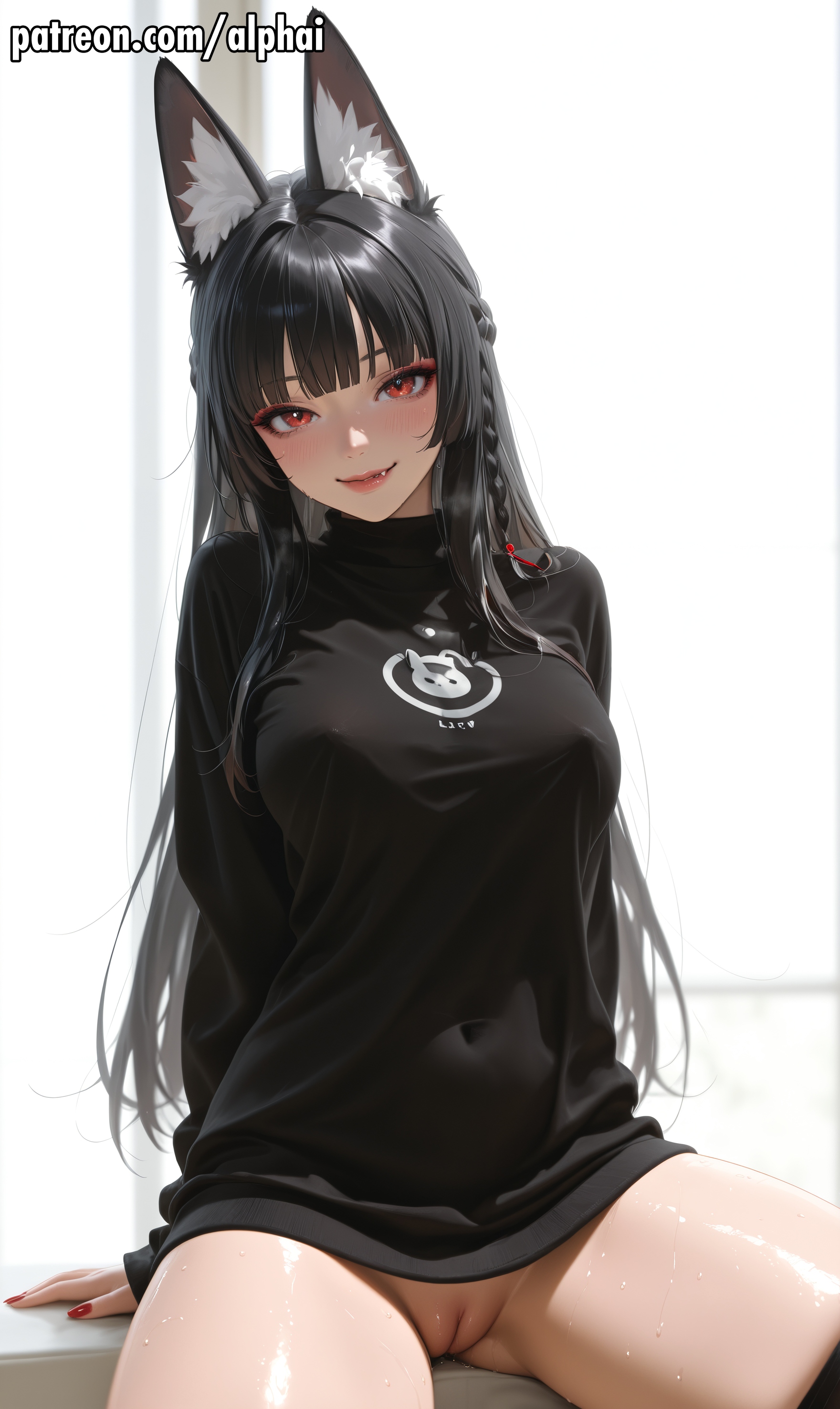 ai assisted, ai generated, alphai, animal ear fluff, animal ears, ass, ass bigger than head, black hair, black thighhighs, blunt bangs, blush, blush lines, blushing female, bottomless, braid, breasts, cleft of venus, curvy, curvy female, curvy figure, depth of field, dynamic angle, female, female focus, female only, fox ears, from below, hoshimi miyabi, indoors, large breasts, legs, licking lips, lips, long hair, looking at viewer, makeup, mascara, nail polish, naughty face, navel, nipples, patreon, patreon exclusive, patreon url, patreon username, pussy, red eyes, red lips, red nails, seductive eyes, sexy, sexy body, shiny skin, skin, skin gloss, skindentation, smile, solo, sweat, thick thighs, thighhighs, thighs, tongue, tongue out, uncensored, zenless zone zero
