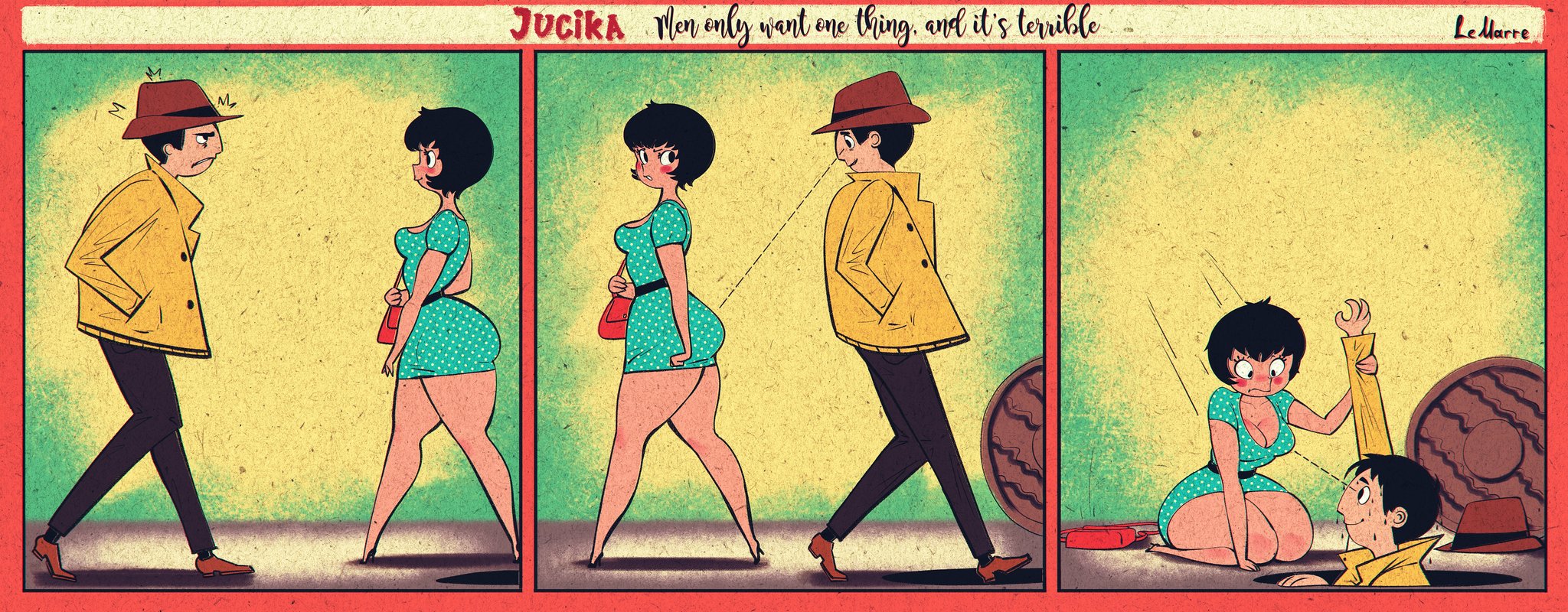 1boy, 1girls, 2025, annoyed, annoyed expression, big ass, black hair, caught in the act, caught staring, female, jpeg, jucika, jucika (comic), lemarreart, male, staring, staring at ass, staring at breasts, thick thighs