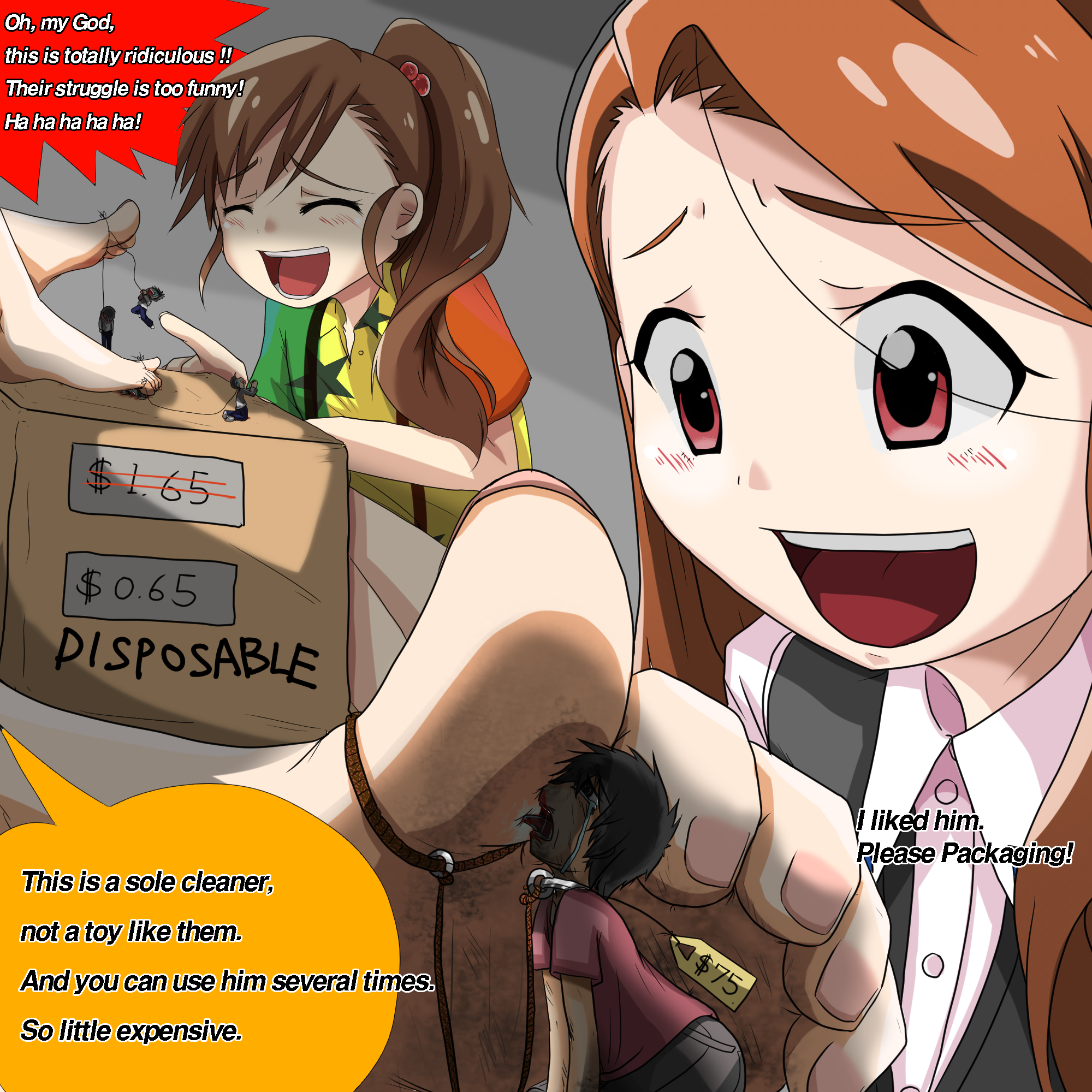 4girls, 5boys, asphyxiation, barefoot, black hair, bondage, box, brown hair, closed eyes, clothing, collar, death, english, feet, female, femdom, foot lick, futami mami, giantess, hanged, idolmaster, kneeling, laughing, leash, licking, long hair, male, micro male, minase iori, multiple boys, multiple females, multiple girls, multiple males, open mouth, orange hair, pov feet, preesoul, price, price tag, rope, short hair, side ponytail, size difference, slave, tears, teeth, tongue