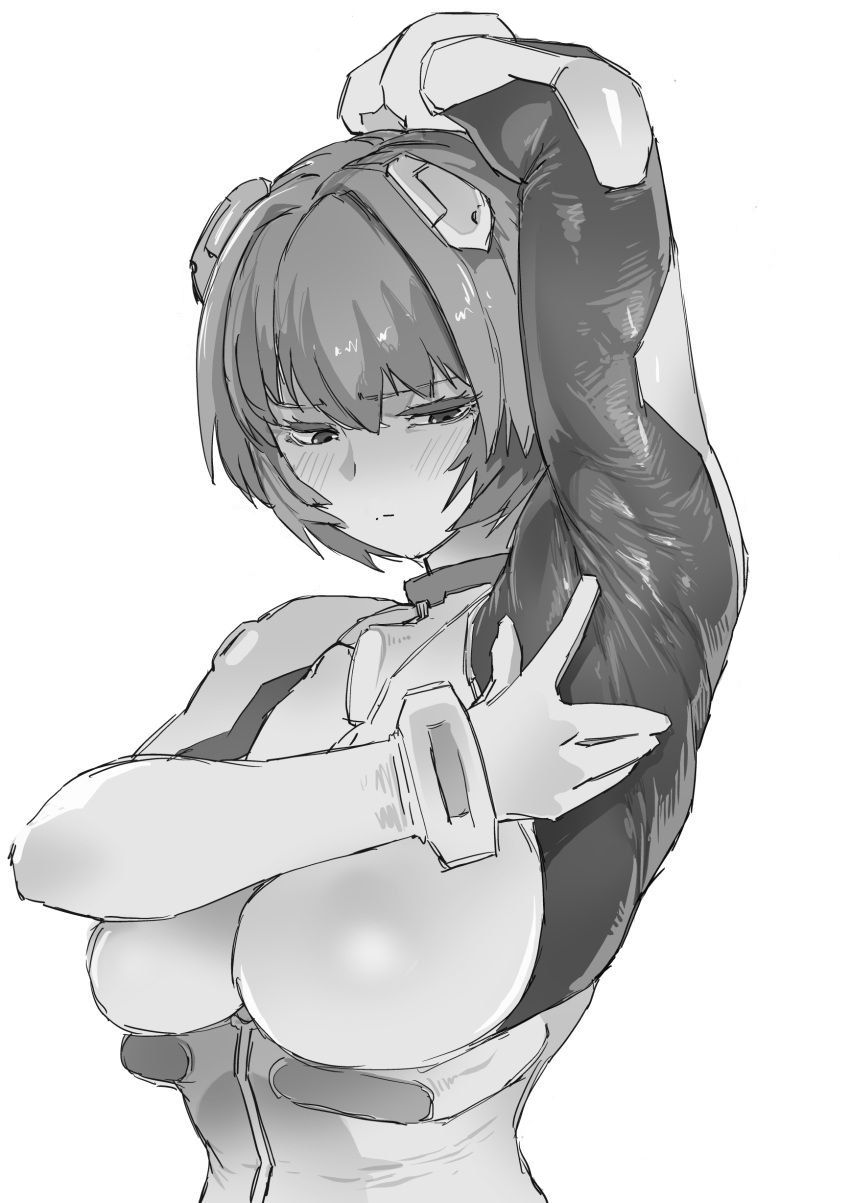 1girls, armpit focus, armpits, big breasts, neon genesis evangelion, rei ayanami, sashizume soutarou, sasizume s, solo, sweat