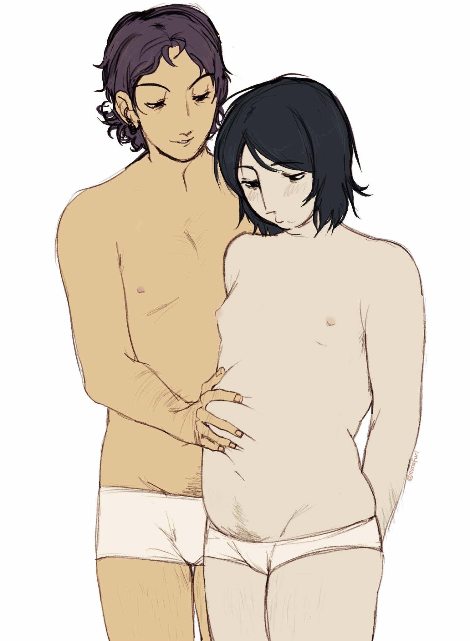 2boys, arms behind back, belly grab, black hair, blush, body hair, coat guy (no, i'm not a human), embarrassed, gay, hand on another's stomach, looking down, male, male only, nanafuri, no, i'm not a human, pale skin, pale-skinned male, pubic hair, pubic hair peek, purple hair, shy, slightly chubby, slightly chubby male, smile, tan skin, tan-skinned male, topless, topless male, underwear, wireface (no, i'm not a human), yaoi