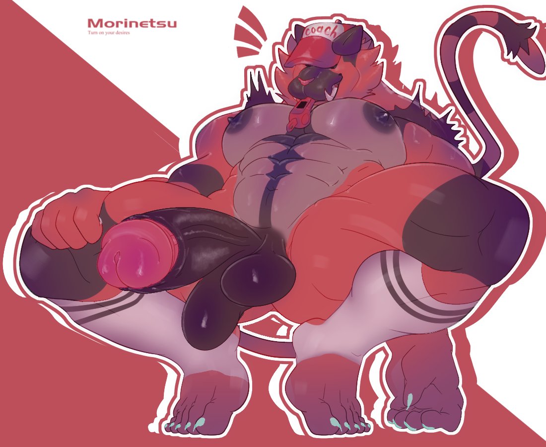 abs, anthro, bara, black fur, claws, coach, feline, furry, gay, hat, incineroar, male, male only, morinetsu, muscular, muscular male, nipples, penis, penis out, pokemon, sharp teeth, socks, socks only, tagme, tail, testicles, whistle