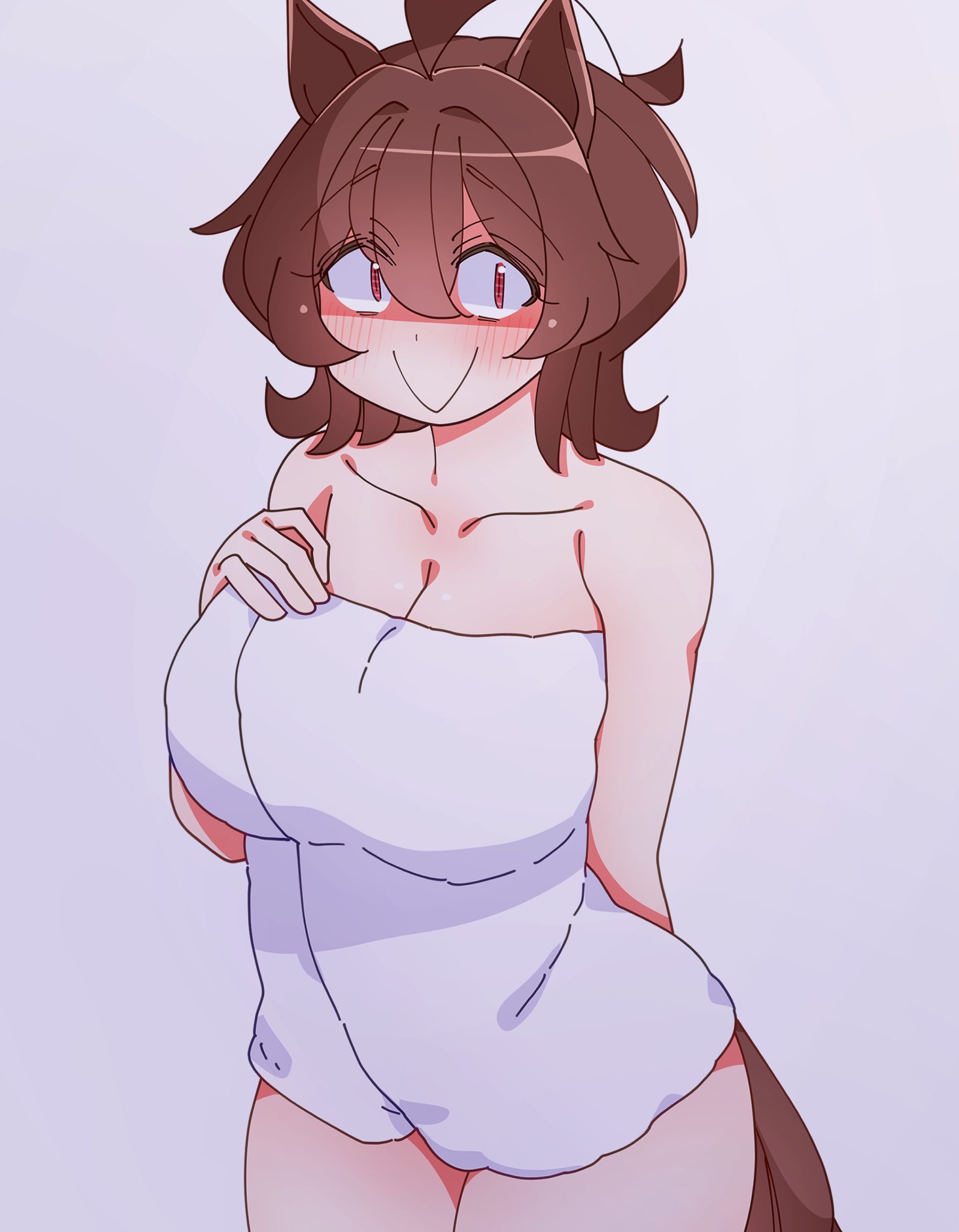 :>, 1girls, 2026, agnes tachyon (umamusume), animal ears, big breasts, breasts, brown hair, female, female only, happy, happy female, hi res, huge breasts, kaijin debeso, light skin, light-skinned female, looking at viewer, no bra, one arm behind back, partially clothed, red eyes, semi nude, simple background, smile, solo, tail, thick thighs, thighs, towel, towel only, umamusume, umamusume pretty derby, white background