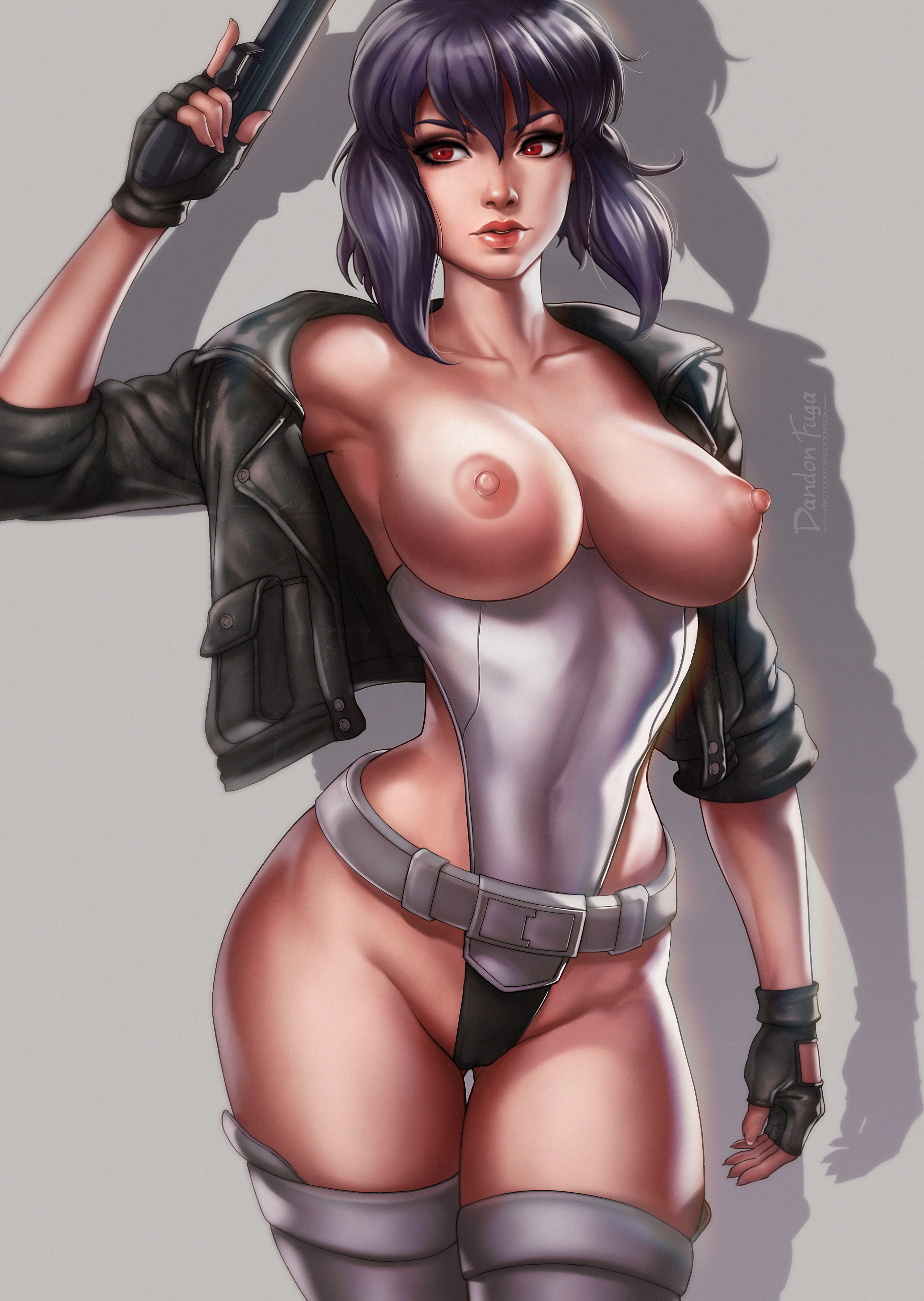 1girls, absurd res, alternate version available, armpits, belt, breasts, casual, dandon fuga, female, female only, fingerless gloves, firearm, ghost in the shell, gloves, gun, handgun, handwear, hi res, human, jacket, kusanagi motoko, large breasts, legwear, leotard, nipples, outerwear, pale skin, solo, weapon