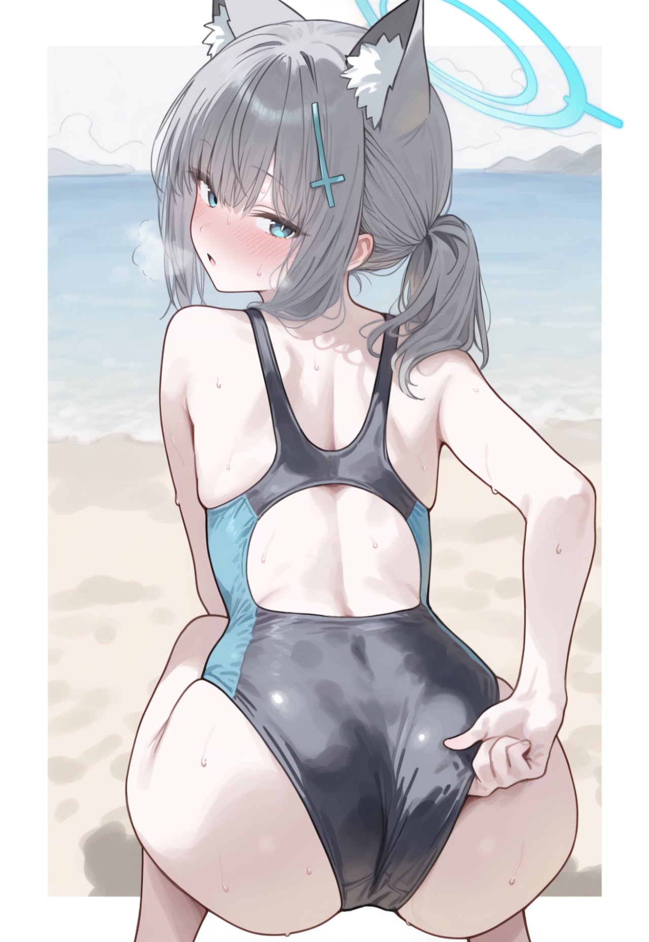 animal ears, ass, ass focus, beach, blue archive, blue eyes, blush, female, grey hair, halo, looking at viewer, looking back, one-piece swimsuit, shiroko (blue archive), shiroko (swimsuit) (blue archive), solo, swimsuit, swimsuit pull, wolf ears, wolf girl