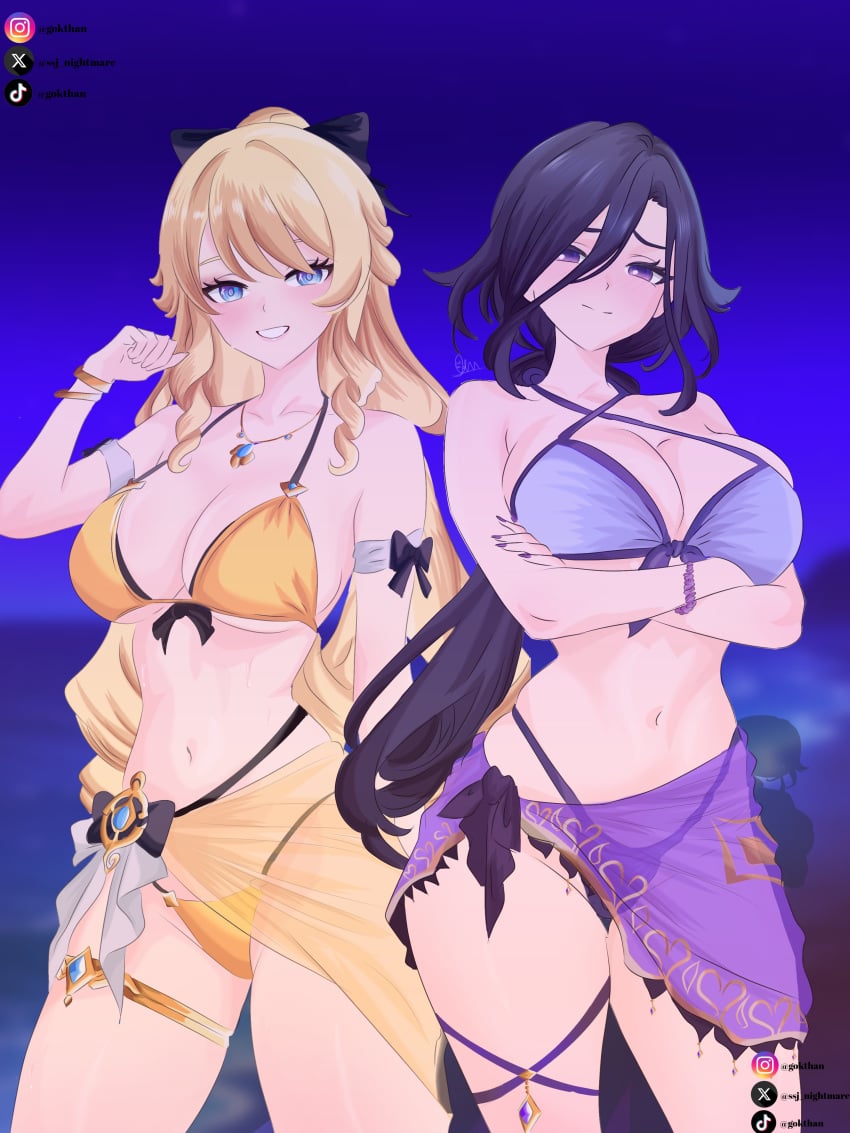 2d, 2d (artwork), 2girls, accurate body type, alternate costume, arms under breasts, artist request, ass, beach, big ass, big breasts, bikini, bikini bottom, bikini top, blonde hair, blue eyes, blue hair, breasts, clorinde (genshin impact), digital drawing (artwork), female, female only, fontaine girls, front view, genshin impact, gokthan, gokthan (artist), hair over one eye, high resolution, highres, hourglass figure, hoyoverse, long hair, looking at viewer, navia (genshin impact), night, night sky, ocean, purple bikini, purple bikini bottom, purple bikini top, purple eyes, purple hair, purple nails, purple swimsuit, sexy, sky, slim female, smiling, smiling at viewer, standing, suggestive, suggestive look, summer, swimsuit, thong, thong bikini, two piece swimsuit, water, yellow bikini, yellow bikini bottom, yellow bikini top, yellow swimsuit, young, younger female