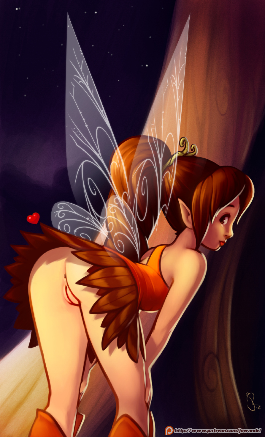 2016 anus ass bending bending_over boots bottomless brown_eyes brown_hair clothed clothing colored detailed_background disney disney_fairies fairy fawn_(disney_fairies) female flashing hands_on_knees heart humanoid joe_randel jpg looking_at_viewer looking_back night no_panties pointy_ears ponytail presenting presenting_hindquarters pussy signature skirt solo text upskirt wings