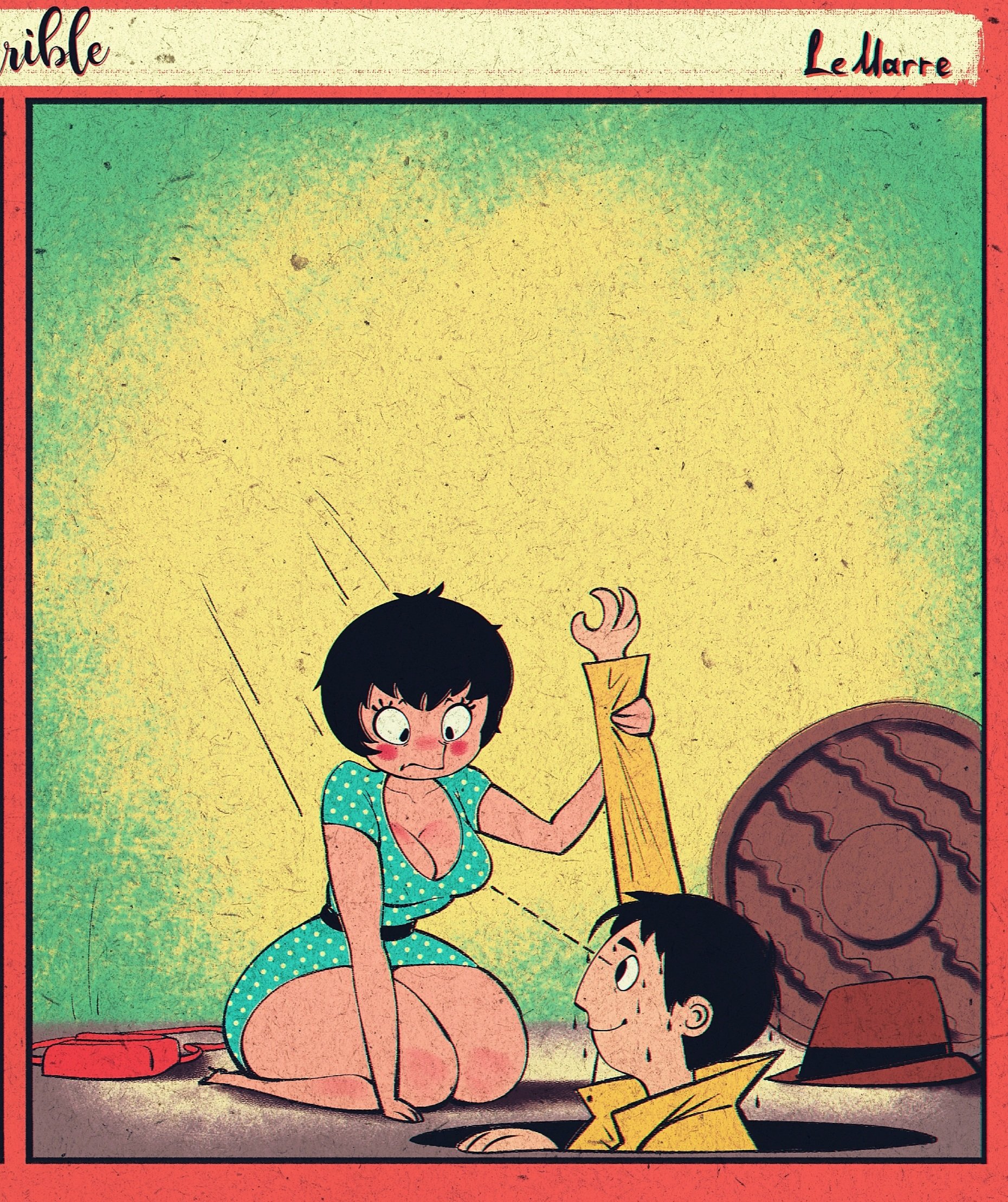 1boy, 1girls, 2025, big ass, black hair, caught staring, female, jpeg, jucika, jucika (comic), lemarreart, male, staring at breasts, thick thighs