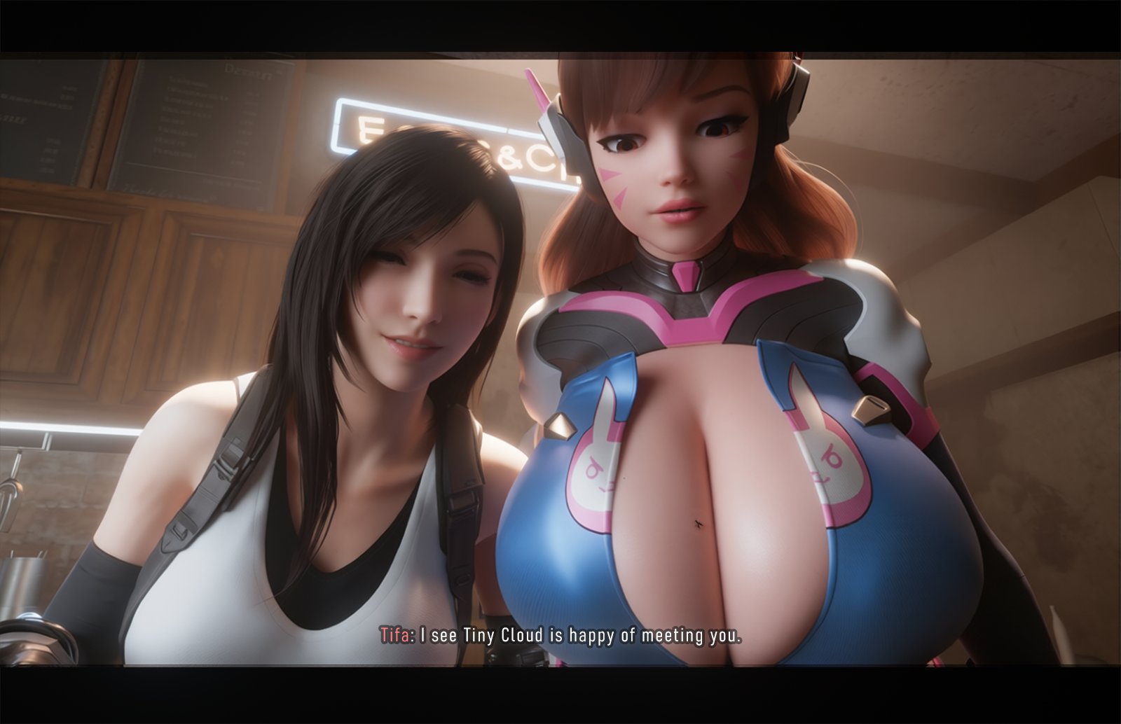 2girls, 3d, 3d (artwork), asian, asian female, big boobs, big breasts, black hair, boobs, breasts, brown eyes, brown hair, bug, cleavage, cloud strife, crossover, d.va, eastern and western character, female, female only, final fantasy, final fantasy vii, final fantasy vii remake, fly, hana song, huge boobs, huge breasts, insect, krieginax, large breasts, long hair, multiple girls, offscreen character, overwatch, overwatch 2, scrag boy (model), scrag d.va, tifa lockhart