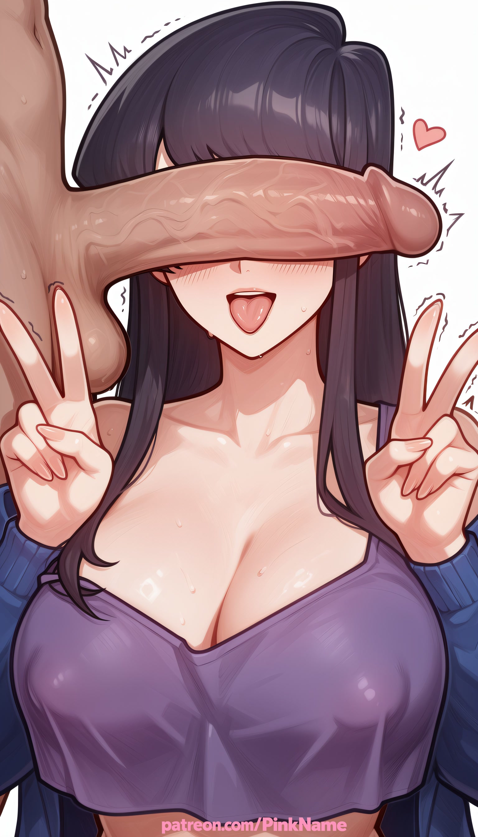 1boy, 1girl, 2026, ai generated, artist name, boobs, breasts, bust, cant see the haters, chest, clothed female nude male, cock, covered nipples, dick, double v, double w, erection, head out of frame, heart, hetero, hi res, high quality, highres, komi shouko, komi-san wa komyushou desu, large penis, long hair, mosaic censoring, patreon, patreon username, penis, penis awe, penis on face, pinkname, precum, purple sweater, sweater, testicles, tits, tongue, tongue out, trembling, twitching penis, uncensored, v, veiny penis, w, watermark