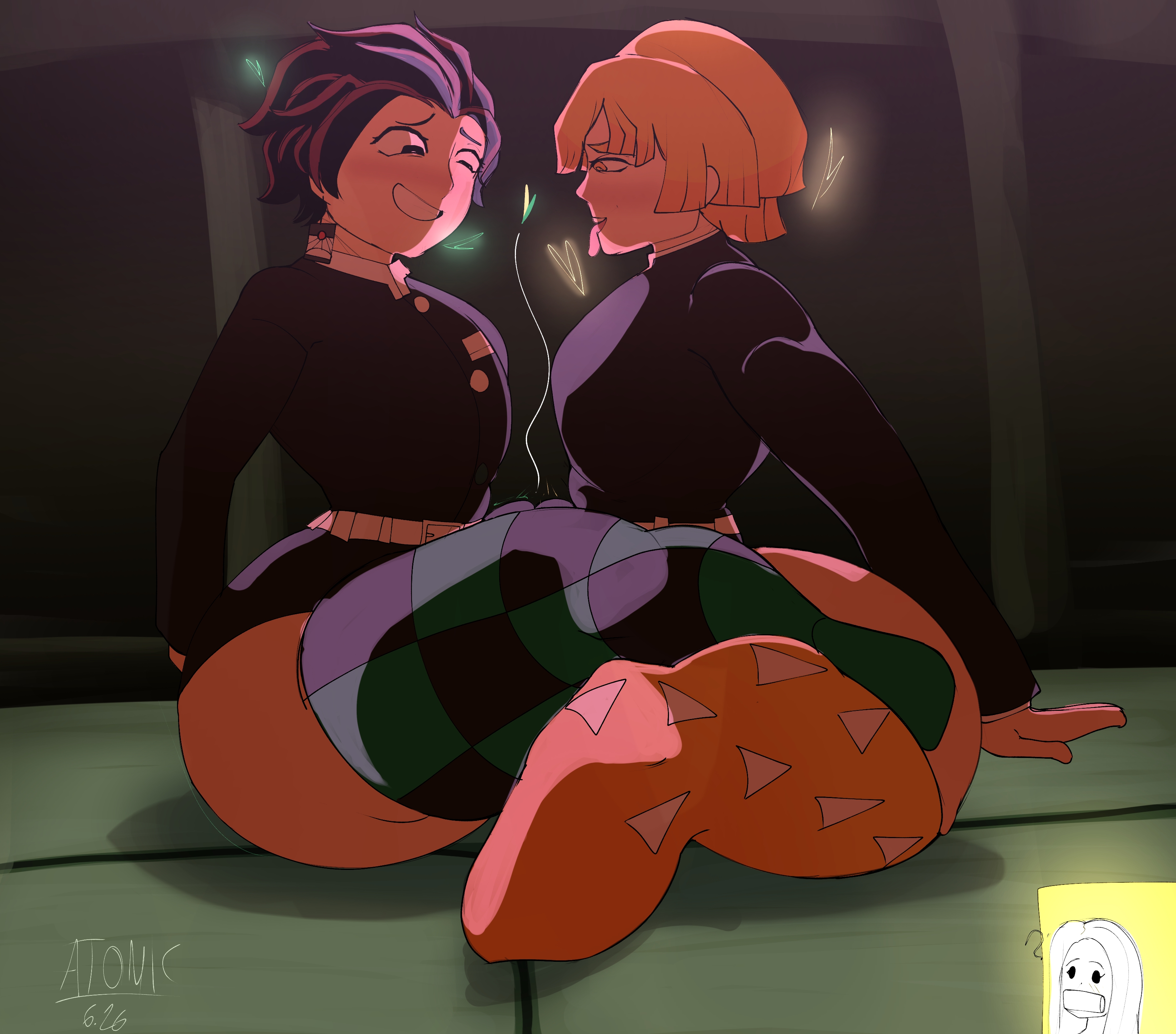 2boys, agatsuma zenitsu, big ass, blonde hair, blush, curvy, curvy male, demon slayer, effeminate, femboy, frottage, gay, kamado nezuko, kamado tanjirou, kimetsu no yaiba, male, male only, nezuko kamado, red hair, sfgbhh, thick thighs, thighhighs, thighs, voluptuous male, yaoi, zenitsu agatsuma