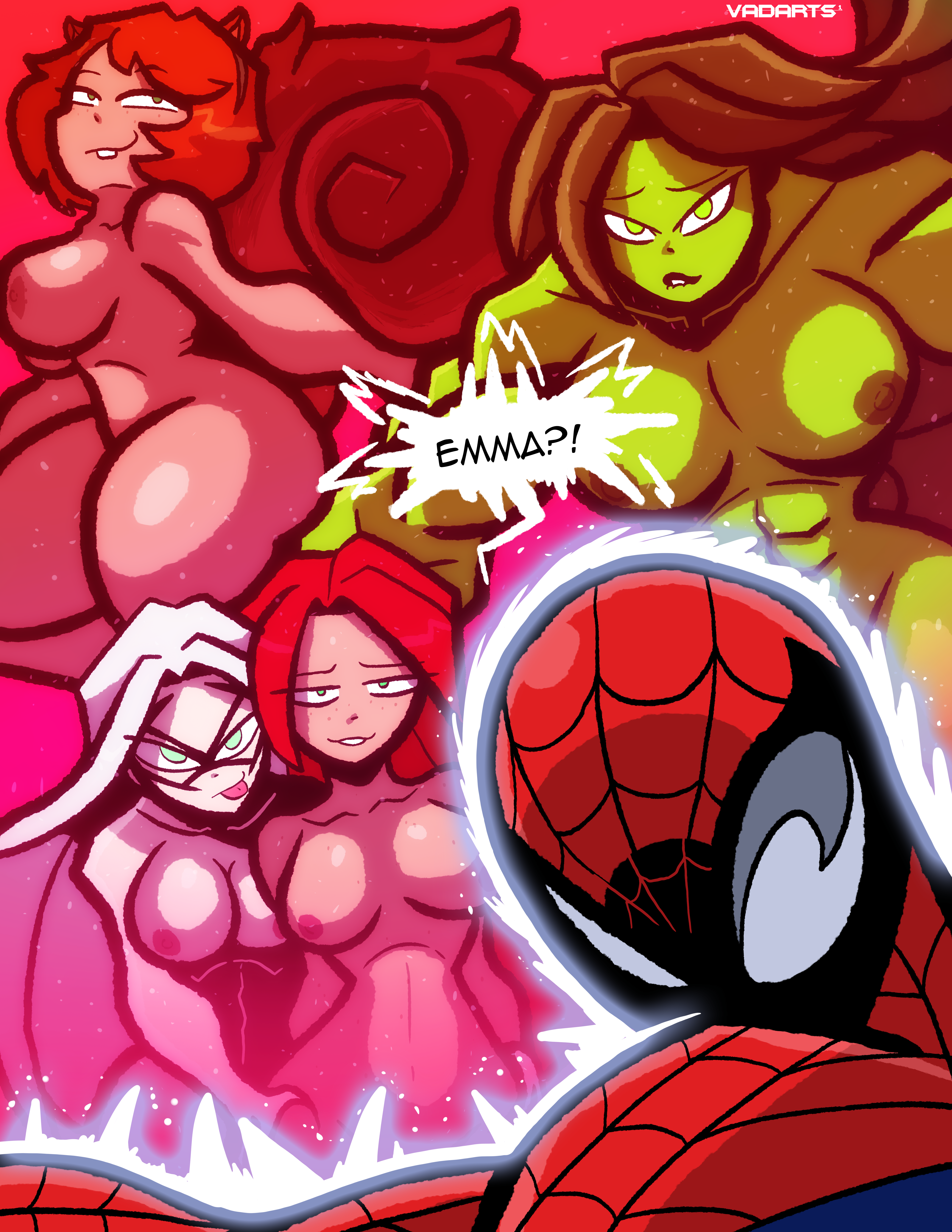1boy, 4girls, black cat (marvel), breasts, brown hair, brown hair female, clothed male, felicia hardy, green body, green hair, green hair female, green skin, jennifer walters, long hair, long hair female, marvel, marvel comics, mary jane watson, nude female, red hair, red hair female, she-hulk, sketch, spider-man, spider-man (series), squirrel girl (marvel), vadarts, white hair, white hair female