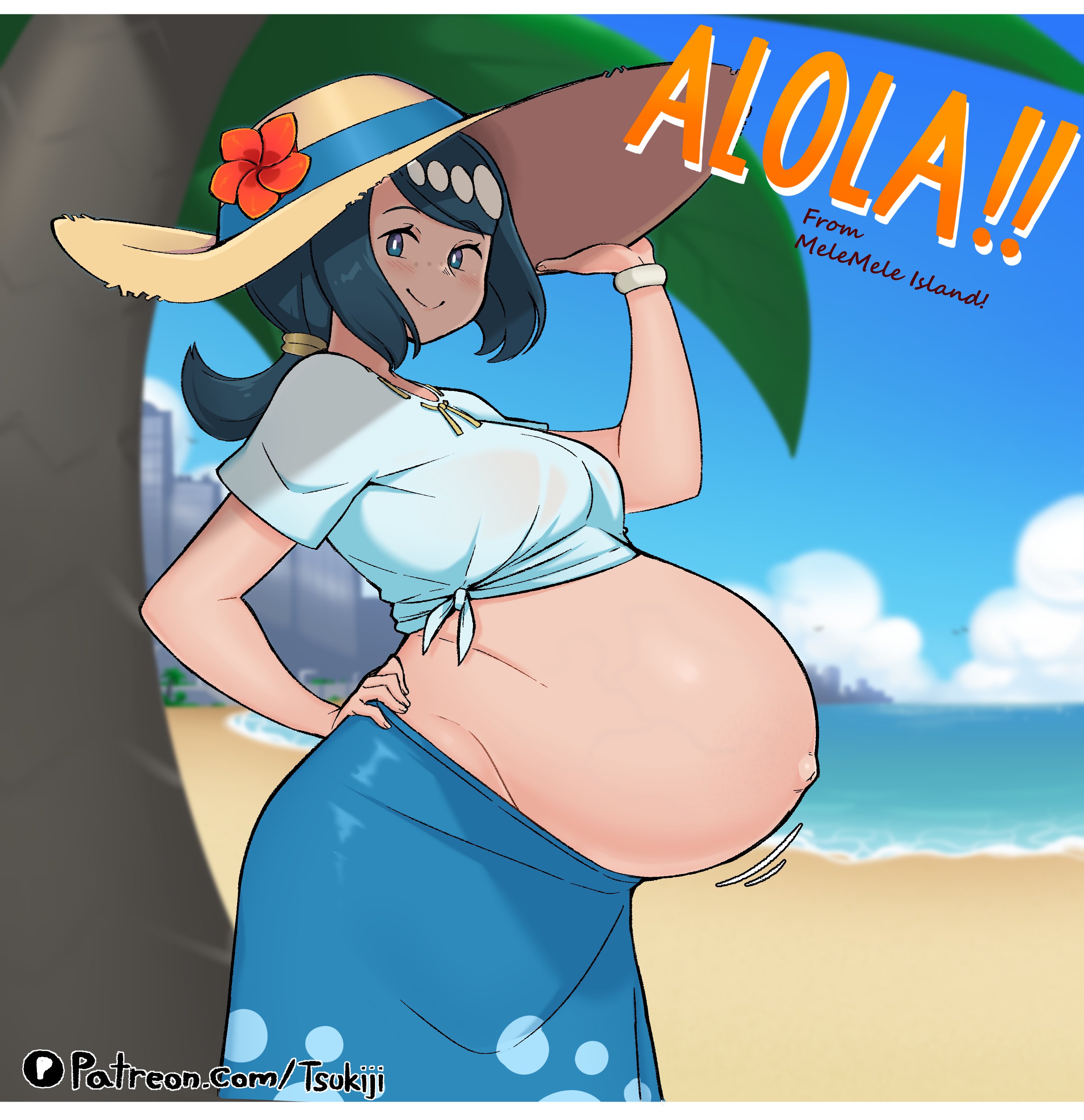 1girls, big belly, bloated belly, blue eyes, blue hair, blush, canon pregnancy, clothed, clothing, female, female only, happy, hat, heavily pregnant, lana's mother (pokemon), midriff, milf, navel, nintendo, outie navel, pokemon, pokemon (anime), pokemon sm, pokemon sm (anime), pregnant, pregnant with multiples, see-through, see-through clothing, sun hat, tsukiji, twins, wholesome