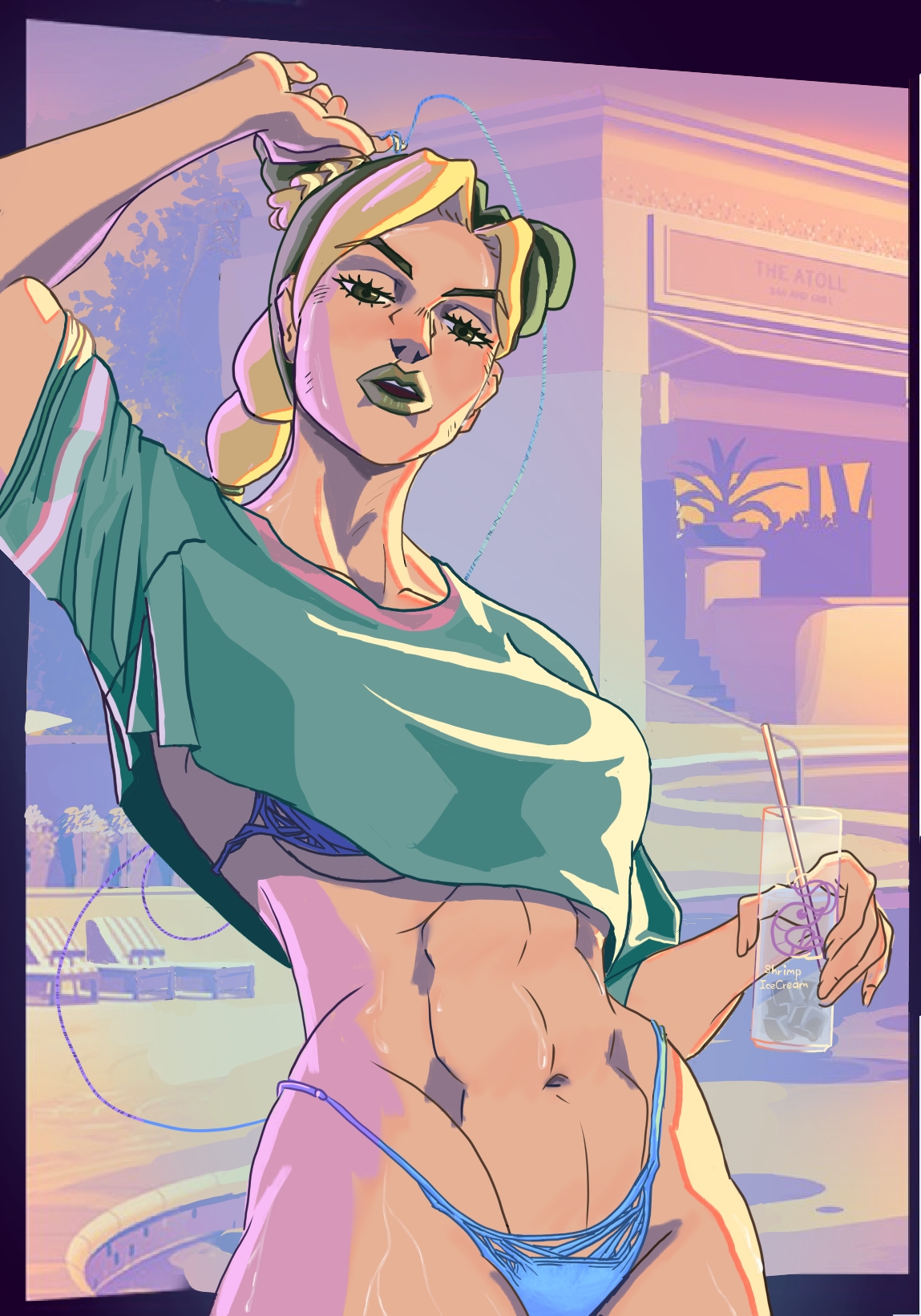 1girls, abs, alternate version available, athletic female, big ass, big breasts, big hips, big thighs, bikini, blue bikini, breasts, cosplay, crop top, female, female only, fit female, grand theft auto, grand theft auto vi, green hair, green lips, green lipstick, gta vi cover girl, gta vi cover girl (cosplay), holding, holding cup, holding object, jojo's bizarre adventure, jolyne kujo, lipstick, long hair, looking at viewer, multicolored hair, muscular female, self upload, shirt, slim waist, stone free, stone ocean, sweat, swimsuit, yellow hair