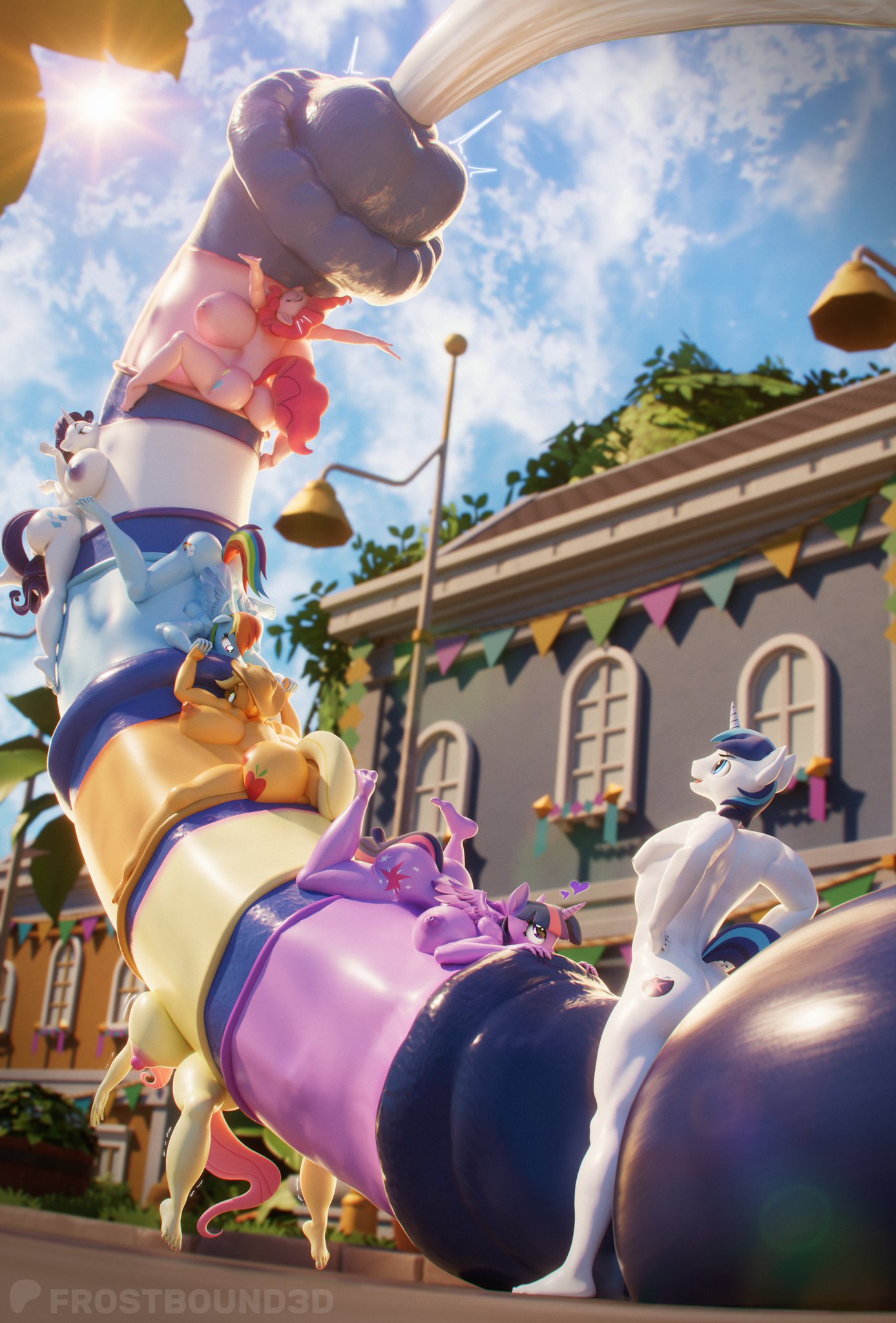 1boy, 3d, 3d (artwork), 3d model, all the way through, all the way through thrice, all the way through twice, applejack (mlp), fluttershy (mlp), frostbound, hyper penis, mane six (mlp), my little pony, pinkie pie (mlp), rainbow dash (mlp), rarity (mlp), shining armor (mlp), twilight sparkle (mlp), what