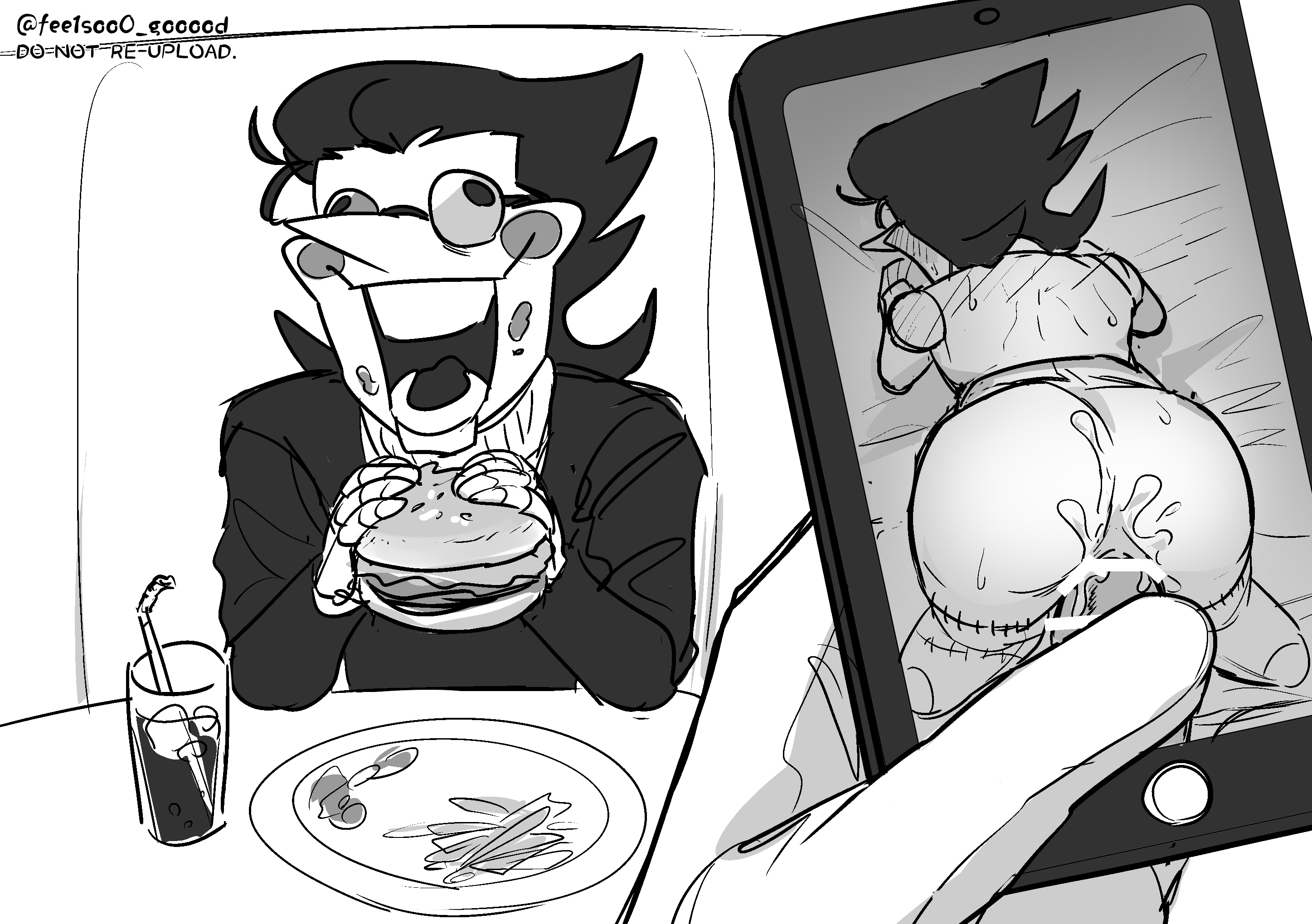 2boys, date, deltarune, gay, gay sex, holding phone, juxtaposition, male only, male penetrating, male/male, phone, phone screen, photo comparison, spamtenna, spamton g spamton, tenna (deltarune), yaoi