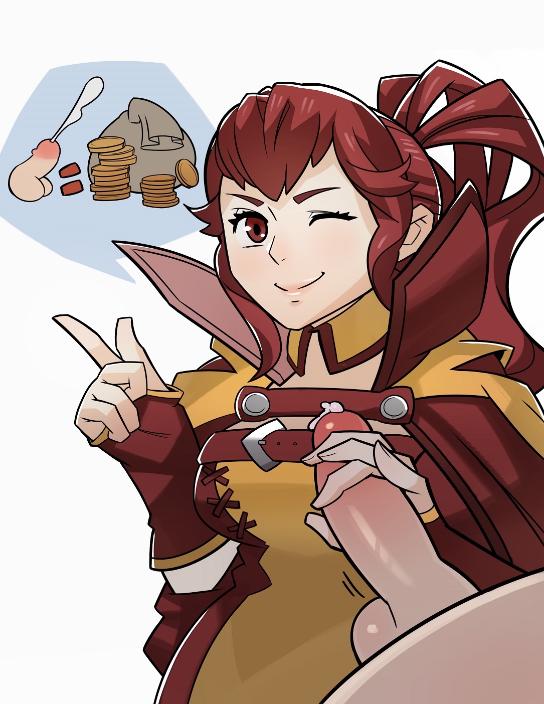 2016, anna (fire emblem awakening), anna (fire emblem), cum, fire emblem, fire emblem awakening, handjob, male, penis, prostitution, red hair, sex, smooth penis, splashbrush, wink