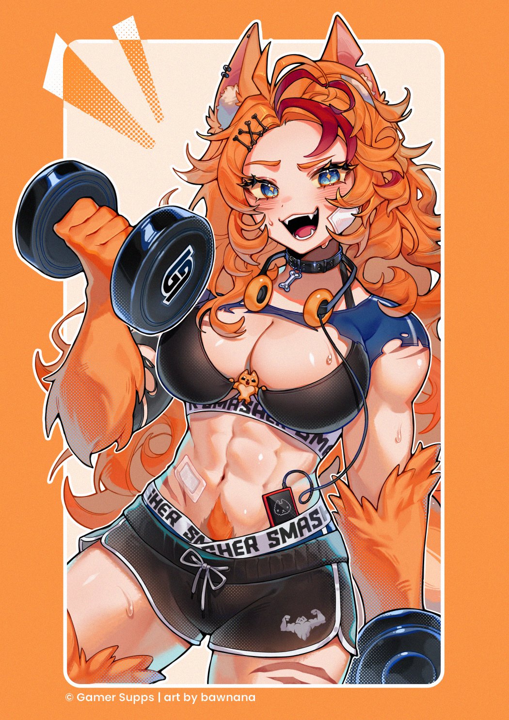 1girl, 1girls, abs, ahoge, animal ears, black collar, black shorts, black sports bra, blue eyes, blue shirt, bone hair ornament, breasts, buffpup (vtuber), collar, dolphin shorts, dumbbell, exercising, fangs, female, gamer supps, hair ornament, headphones, headphones around neck, highres, holding, holding dumbbell, large breasts, multicolored hair, muscle mommy, muscular, muscular female, navel, nightbawnana, official art, orange fur, orange hair, red hair, red streaks, scar, scar on breast, scar on leg, shirt, shorts, solo, sports bra, sportswear, streaked hair, sweat, tail, thighs, torn clothes, torn shirt, virtual youtuber, vtuber, wolf ears, wolf girl, wolf paws, wolf tail
