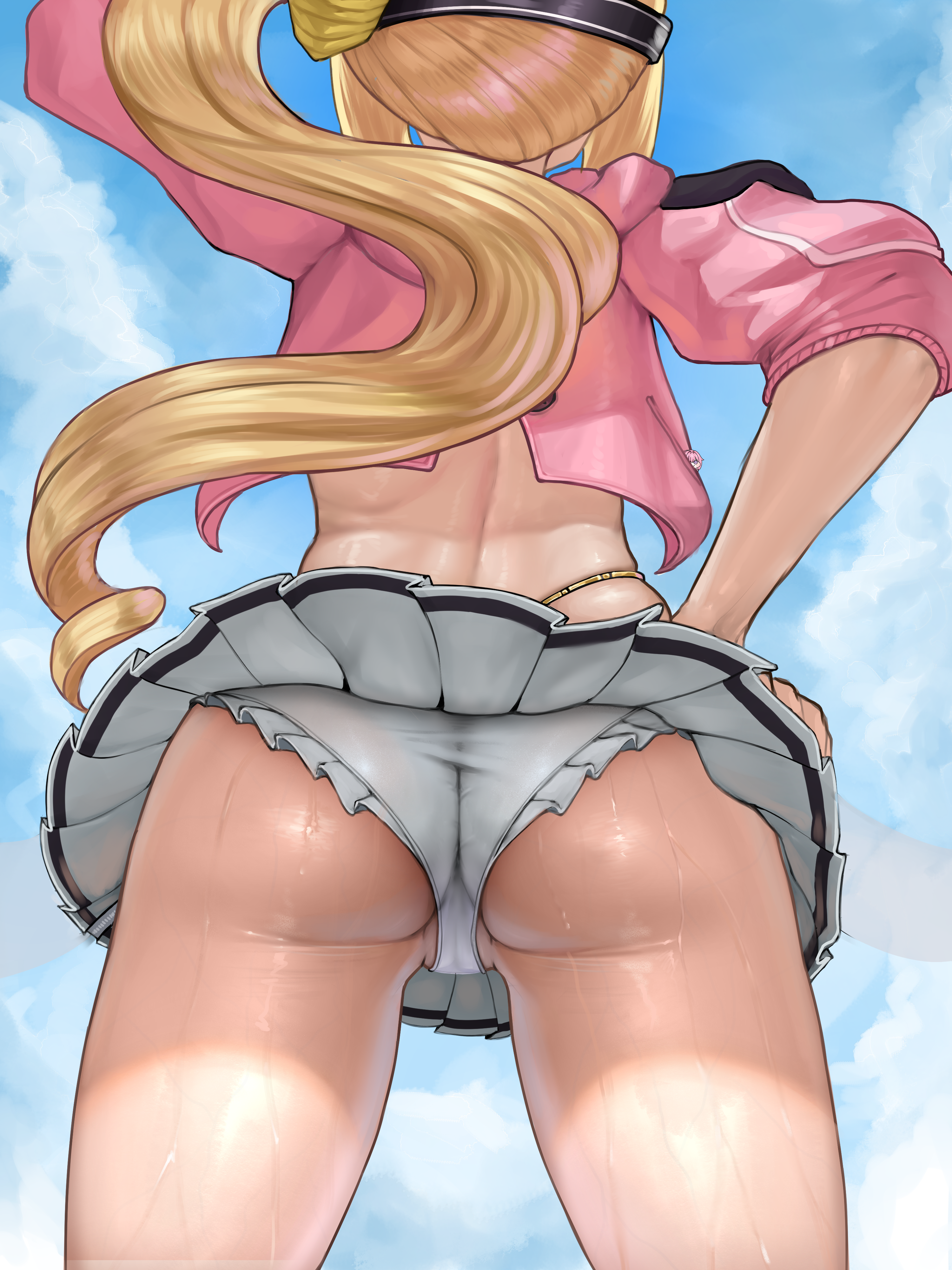 1girls, absurd res, adjusting hat, artist request, ass, from behind, hand on hip, highres, huge ass, luciana de montefio, luciana de montefio (princess on holiday), official alternate costume, panties, petite, petite female, thick thighs, tight ass, upskirt, visor cap, vulva, white panties, wide hips, zenless zone zero
