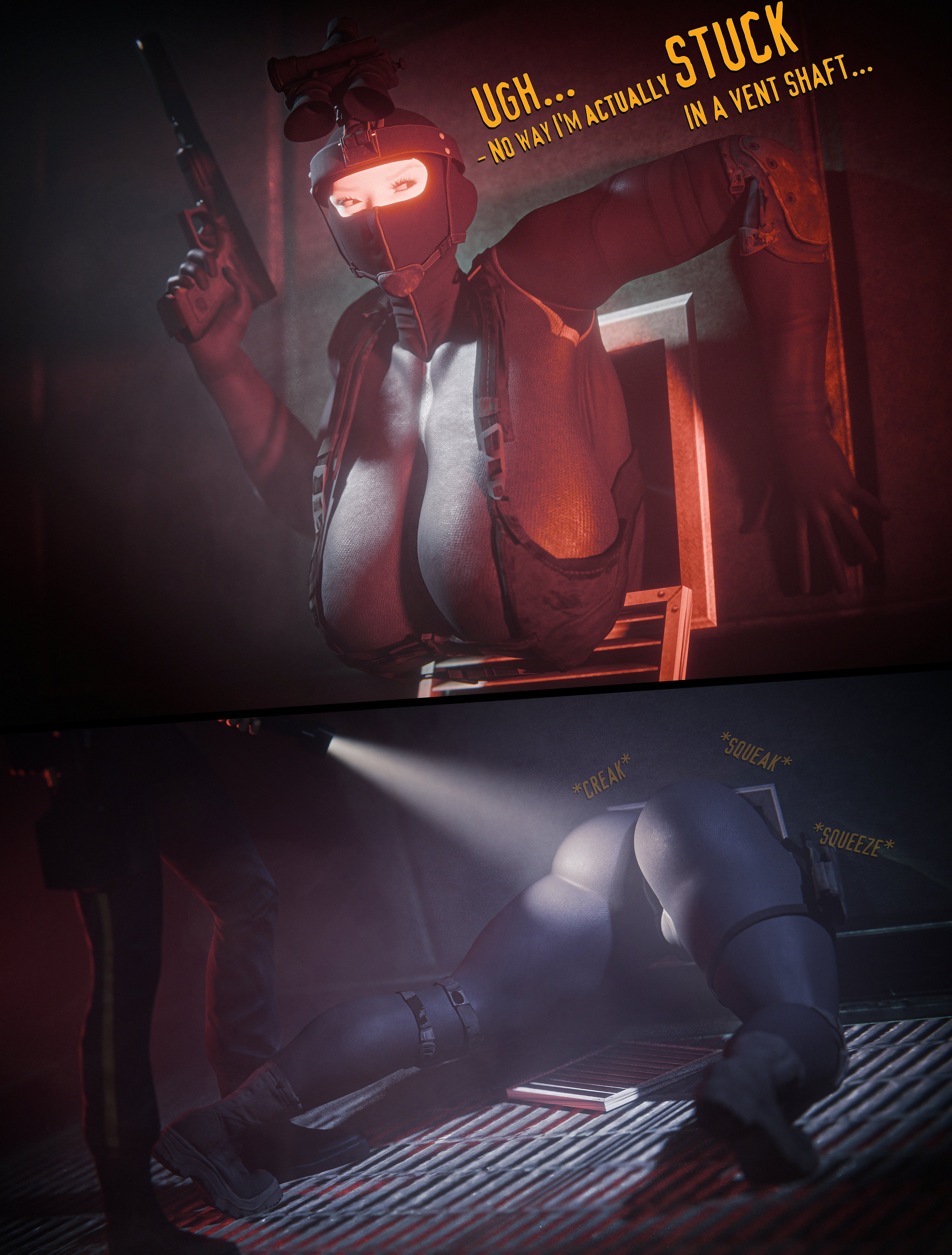 3d, 3d (artwork), annoyed, annoyed expression, armed, ass, ass focus, assassin, barney calhoun, black mesa, black ops (half-life), black ops assassin, bodysuit, cameltoe, dialogue, female assassin, female focus, funny, half-life, half-life (series), holding gun, holding pistol, huge ass, huge breasts, humor, mature woman, skin tight suit, small d0rk, speech bubble, stuck, stuck in vent, stuck in wall, text, thick ass, thick legs, thick thighs, thighs, ventilation shaft