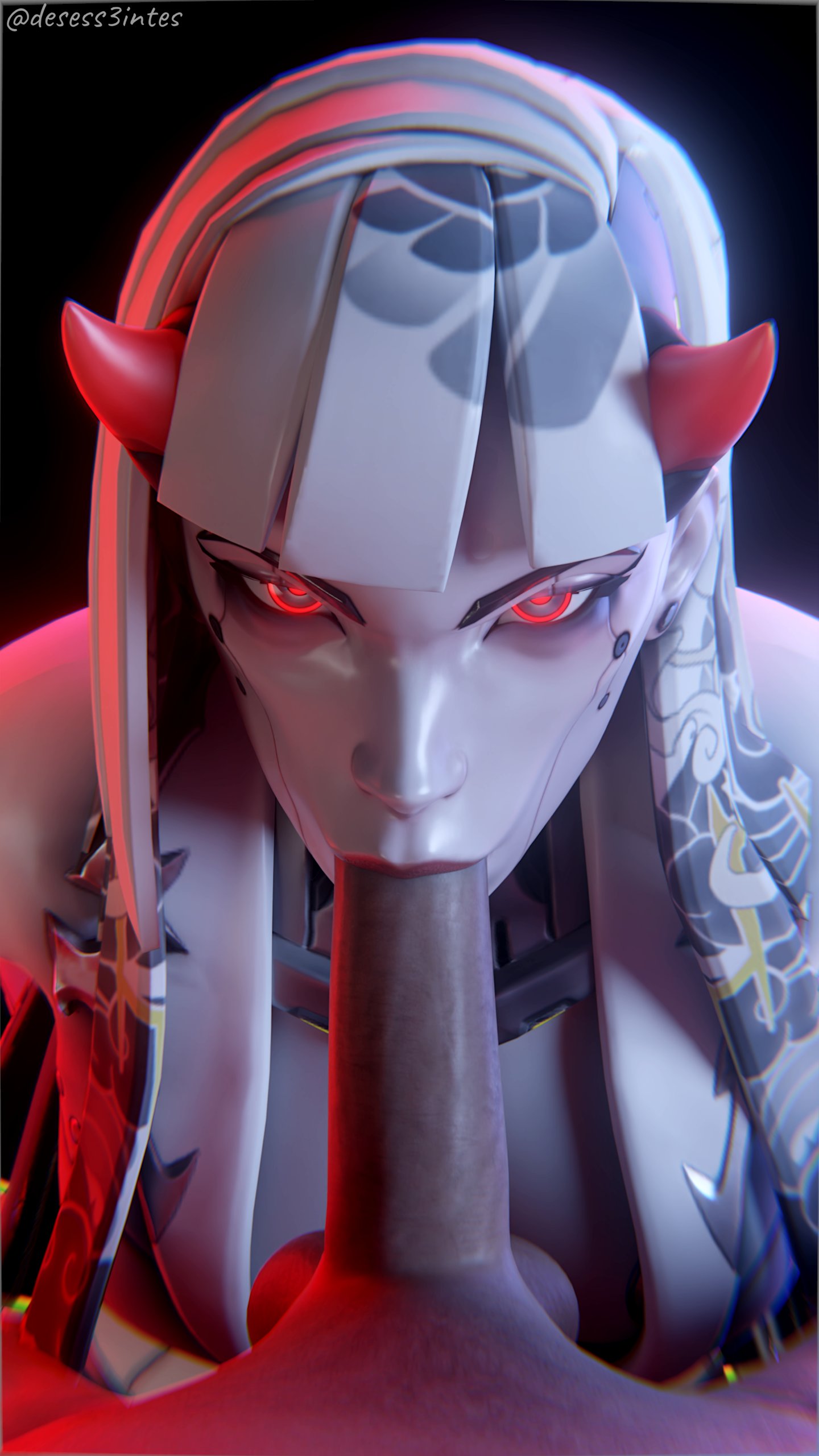 1boy, 1girls, 3d, 3d (artwork), 3d model, 3d render, blowjob, desess3intes, fellatio, light-skinned male, looking at viewer, overwatch, pov, shion (overwatch), tagme
