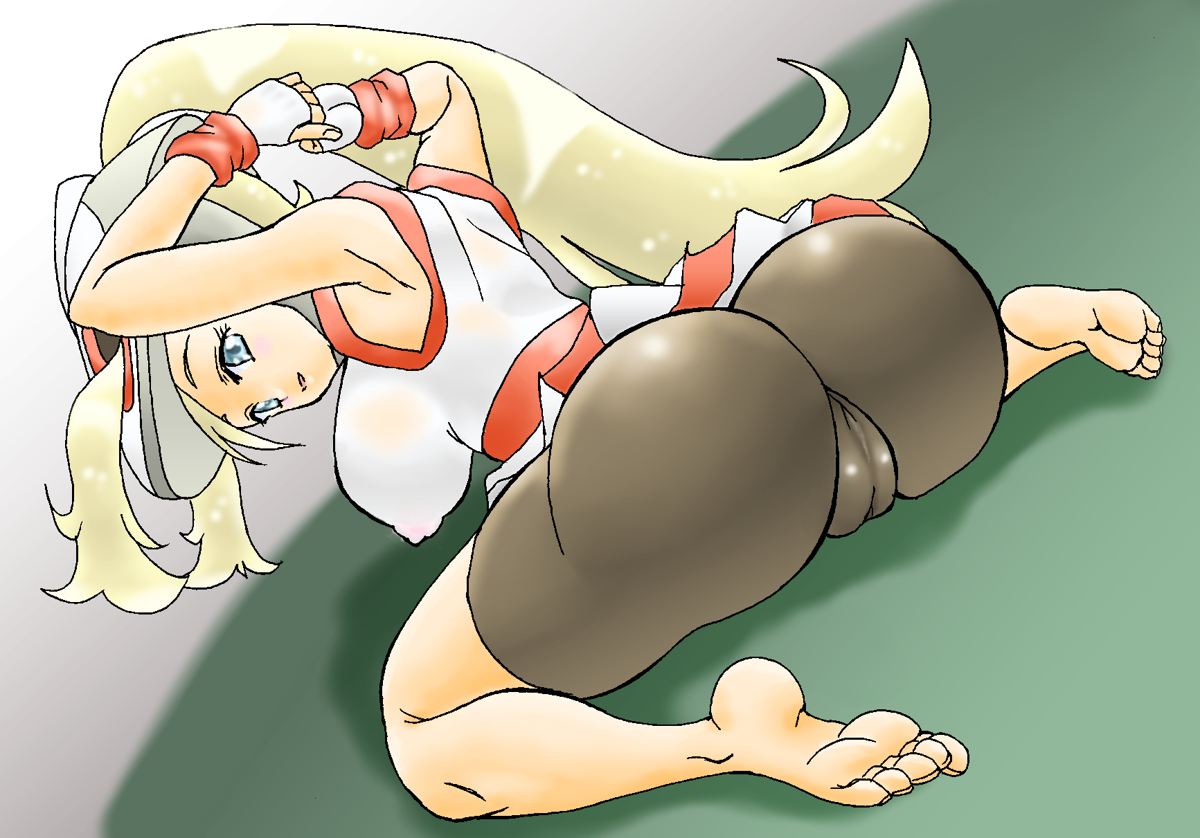 1girls, aqua eyes, areolae, armpits, artist request, ass, barefoot, big breasts, bike shorts, blonde hair, blue eyes, blush, breasts, cameltoe, clothed, erect nipples, eyelashes, feet, female, fingerless gloves, gloves, gym leader, hanging breasts, helmet, high ponytail, huge ass, huge breasts, human, kneeling, korrina (pokemon), long hair, looking at viewer, nintendo, nipples, open mouth, pokemon, pokemon xy, ponytail, pussy, see-through, shirt, skin tight, smile, soles, solo, tied hair, toes, very long hair