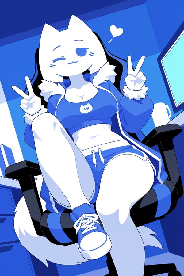 1girl, 1girls, ai generated, anthro, bedroom, bedroom eyes, blue eyes, blue shirt, blue shorts, breasts, cat ears, clyde (discord), crop top, desk, discord, discord (app), female, fiff, fluffy tail, heart, hoodie, indoors, looking at viewer, shorts, sitting, solo, tagme, white body, white skin, wide hips, wink