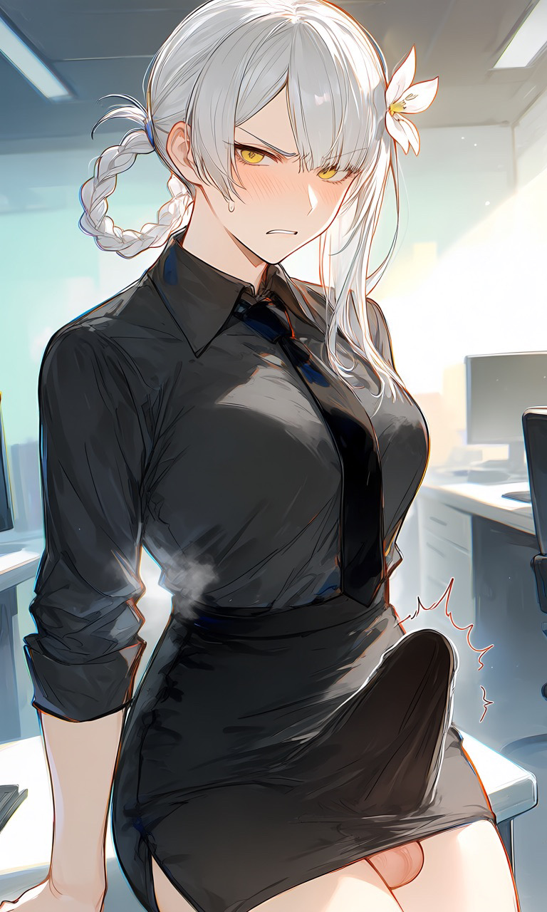 1futa, 1girls, 2d, 2d (artwork), ai generated, alternate version at source, alternate version available, angry expression, balls, balls peek, balls under clothes, ballsack, bangs, bangs over one eye, blouse, blush, blushing, braid, braided hair, canon futa, clenched teeth, disgusted, erect penis, erection, erection under clothes, erection under skirt, flower, flower in hair, futa focus, futanari, golden eyes, gray hair, grey hair, hi res, high resolution, highres, huge cock, intersex, kaine (nier), large penis, lines, looking at viewer, nier, nier (character), nier (series), nier replicant, office clothing, office desk, office lady, ol, pencil skirt, scowl, suit, suit and tie, suit jacket, sweatdrop, testicles, visible breath, visible teeth, white hair, yellow eyes