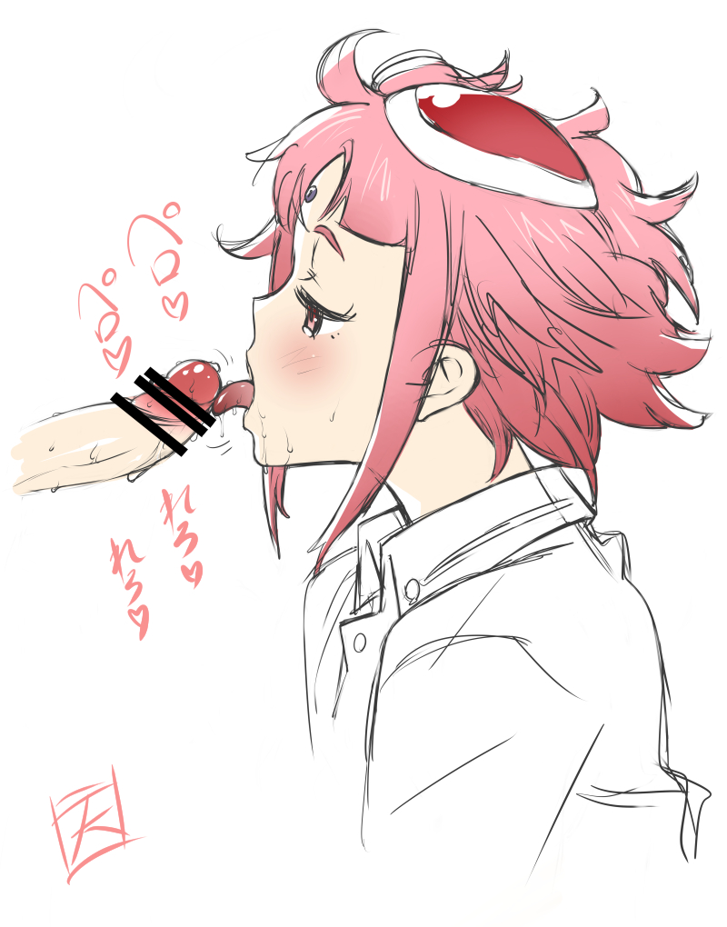 bar_censor blush censored collared_shirt facial_mark fellatio female forehead_mark futogangu gundam gundam_g_no_reconguista hair_ornament licking noredo_nug open_mouth oral penis pink_eyes pink_hair profile saliva shirt short_hair sidelocks sketch solo_focus tongue tongue_out