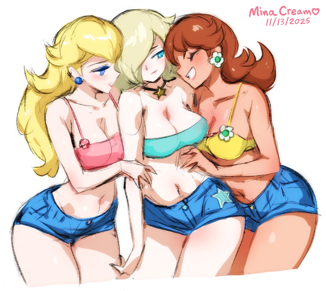 2025, 3girls, artist name, bare shoulders, big breasts, blonde hair, blue earrings, blue eyes, breasts, brown hair, cleavage, closed eyes, clothed, clothed female, crop top, dated, earrings, female, female only, flower earrings, hair over one eye, human, light skin, light-skinned female, long hair, mario (series), medium hair, minacream, multiple girls, navel, nintendo, open eyes, princess daisy, princess peach, princess rosalina, short shorts, shorts, simple background, smile, tank top, thighs, three-quarter portrait, trio, white background