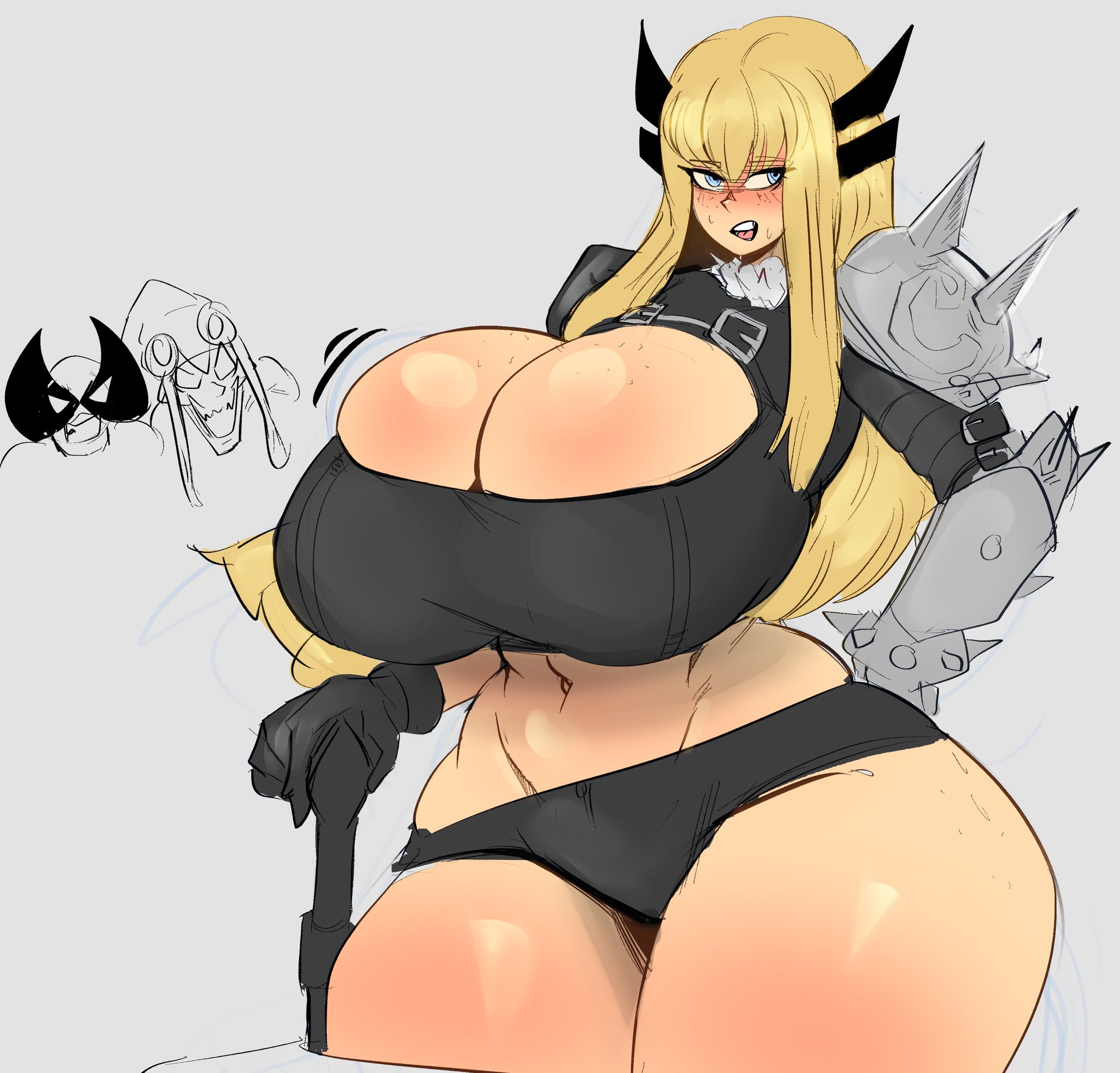 belly, blonde hair, blue eyes, blush, breasts bigger than head, caitdrawsstuff2, cleavage, cleavage window, hourglass figure, huge breasts, huge thighs, magik (illyana rasputin), magik (marvel tokon), marvel, marvel tokon: fighting souls, stomach, thick thighs, thighs thicker than head, wide hips