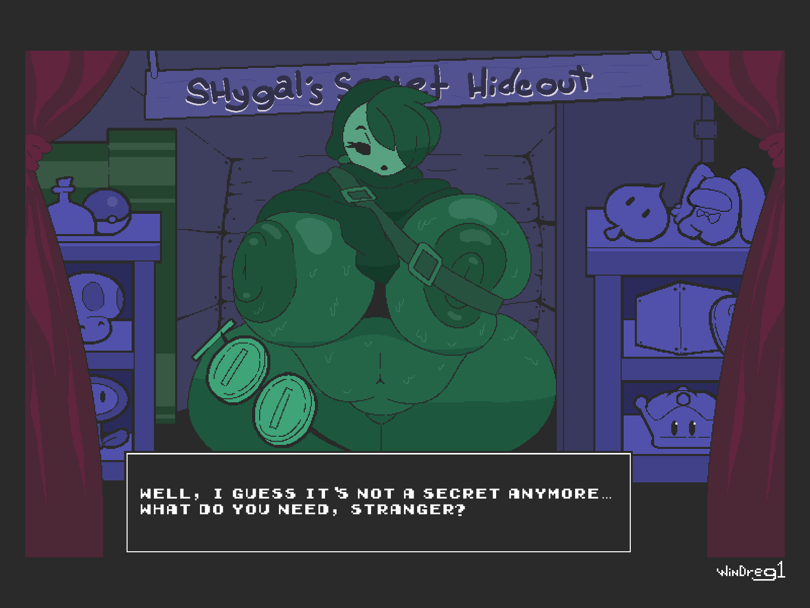 green hair, green skin, huge ass, huge breasts, pixel art, shopkeeper, shy gal, super mario bros., tagme, text, windreg
