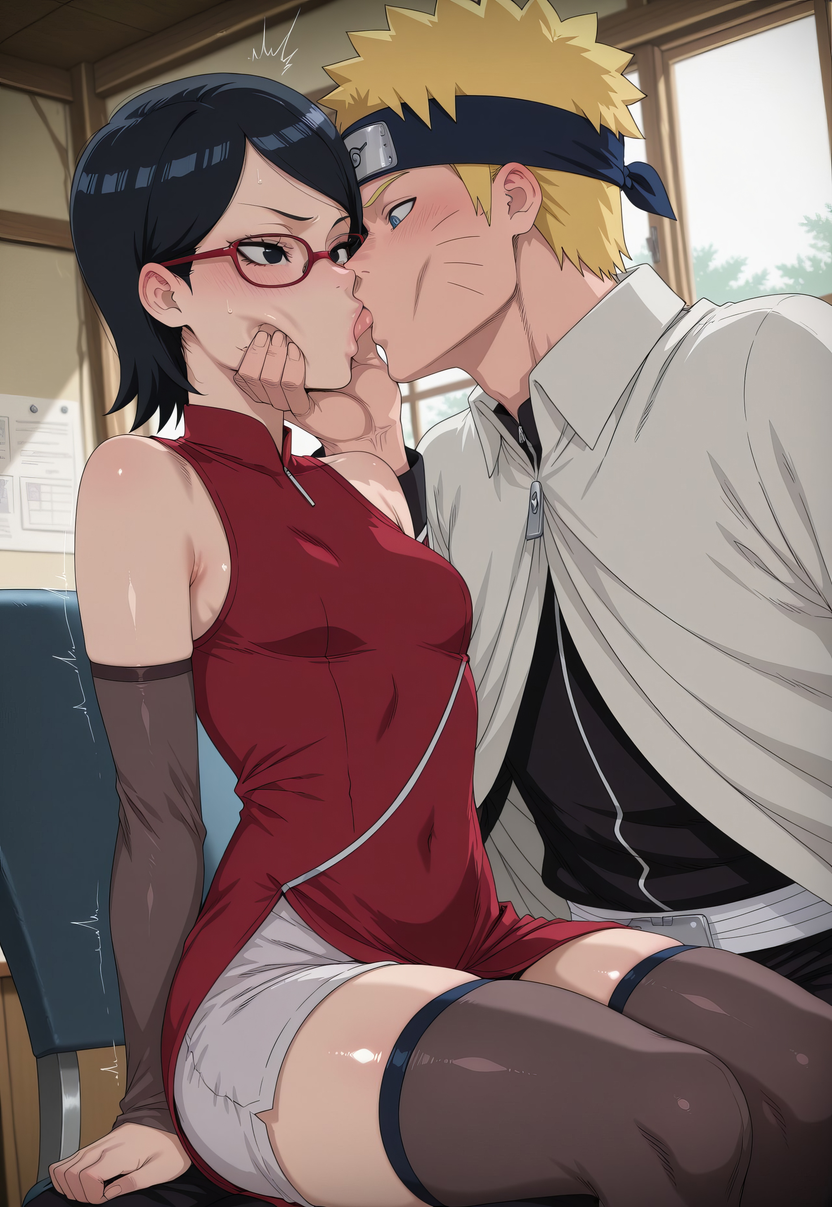1boy, 1girls, age difference, ai generated, black eyes, blue eyes, blush, boruto: naruto next generations, face grab, french kiss, glasses, hi res, hokage, kissing, medium ass, medium breasts, naruto (series), naruto shippuden, ntrkage, older male and younger female, petite, petite body, sarada uchiha, short hair, sitting, slim waist, smile, thick thighs, tongue kiss, uchiha sarada, uzumaki naruto