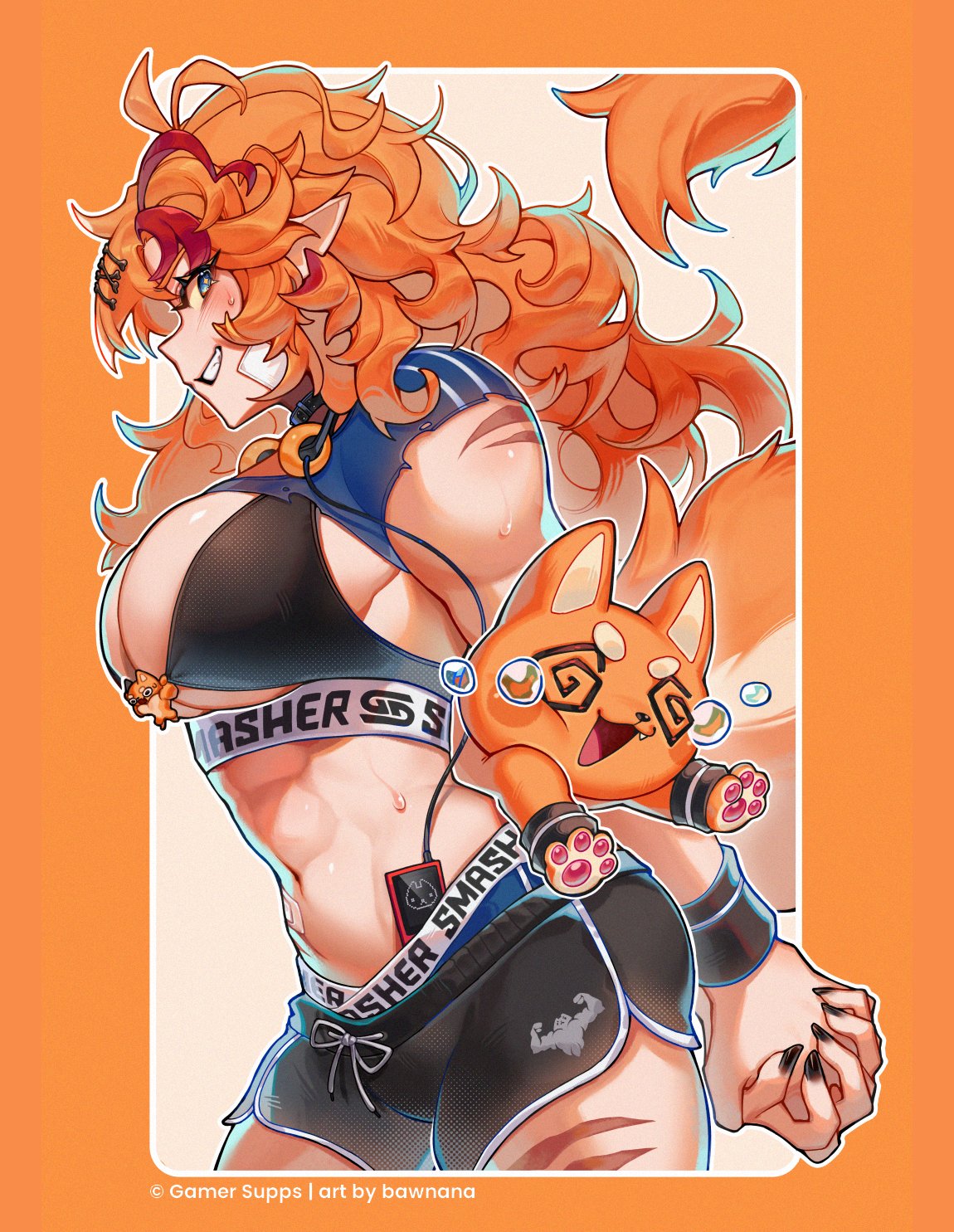 1girl, 1girls, abs, ahoge, animal ears, athletic female, big breasts, black collar, black nails, black shorts, black sports bra, blue eyes, blue shirt, bone hair ornament, breasts, buffpup (vtuber), collar, commentary, curly hair, dolphin shorts, english commentary, female, fit female, from side, gamer supps, grin, hair ornament, headphones, headphones around neck, highres, holding, kemonomimi, large breasts, light-skinned female, multicolored hair, muscle mommy, muscular, muscular female, navel, nightbawnana, official art, orange fur, orange hair, red hair, red streaks, scar, scar on leg, shirt, shorts, smile, solo, sports bra, sportswear, streaked hair, sweat, tail, thighs, tits, torn clothes, torn shirt, virtual youtuber, vtuber, wolf ears, wolf girl, wolf paws, wolf tail