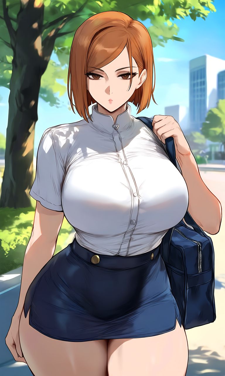1girls, ai generated, big boobs, big breasts, brown eyes, brown hair, bug, curvy, curvy body, curvy female, curvy figure, female, female only, huge breasts, jujutsu kaisen, kugisaki nobara, kyoru189, large breasts, light skin, light-skinned female, looking at viewer, mature female, pencil skirt, school uniform, schoolgirl, shiny, shiny skin, shirt, skirt, solo, solo female