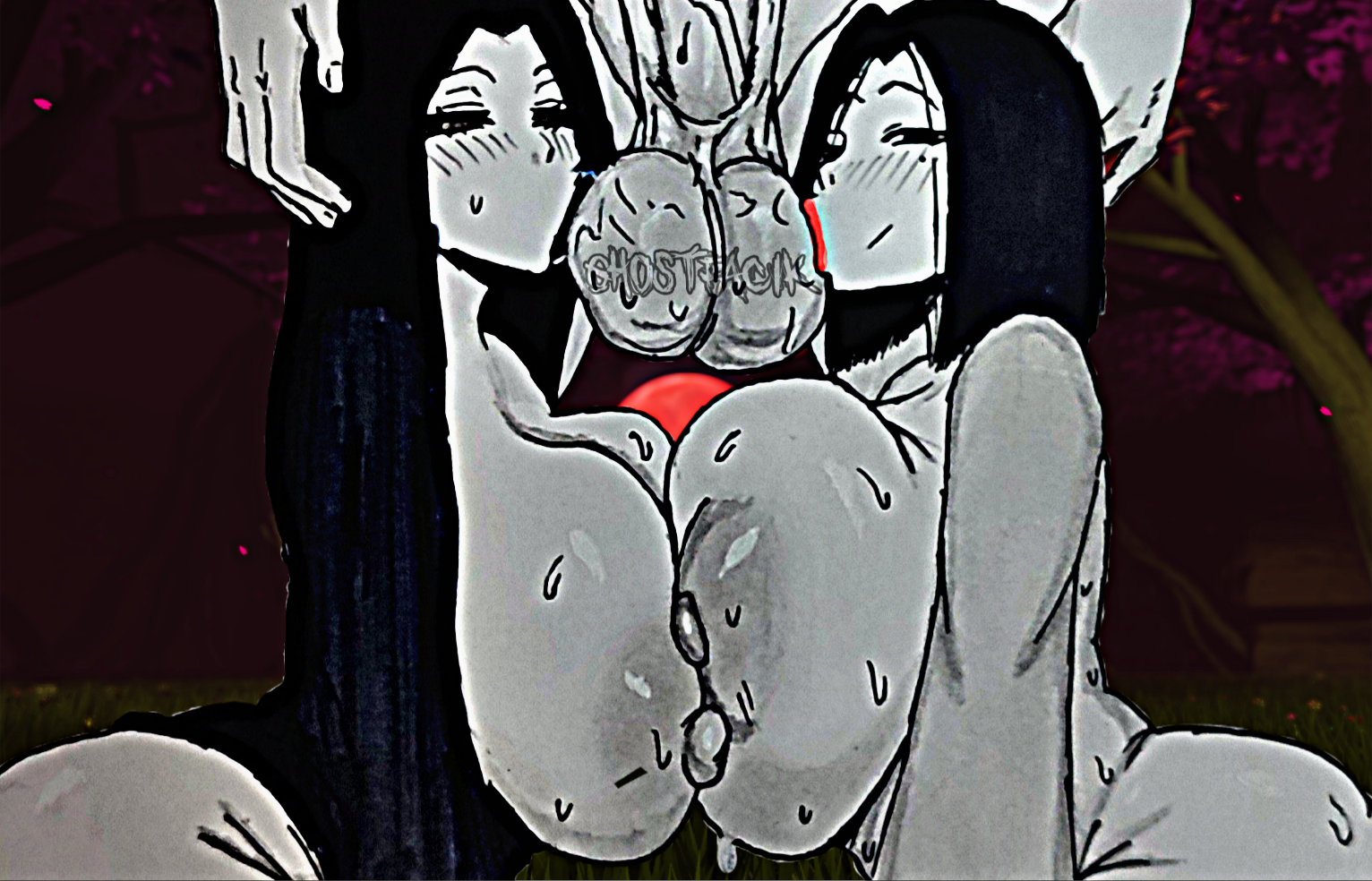 2girls, artist name, balls licking, balls sucking, big breasts, big penis, black hair, blush, breasts, collaborative fellatio, creepypasta, double balls sucking, drooling, fellatio, female, from above, ghostfacik, glistening skin, huge balls, huge breasts, huge cock, human, large breasts, long hair, looking at viewer, male, multiple females, multiple girls, night, nipples, outdoors, penis, pleasure face, roblox, roblox game, saliva, sama (the mimic), self upload, side by side, slenderman, sweat, sweaty body, sweaty penis, testicles, the mimic, unseen male face, yuma (the mimic)