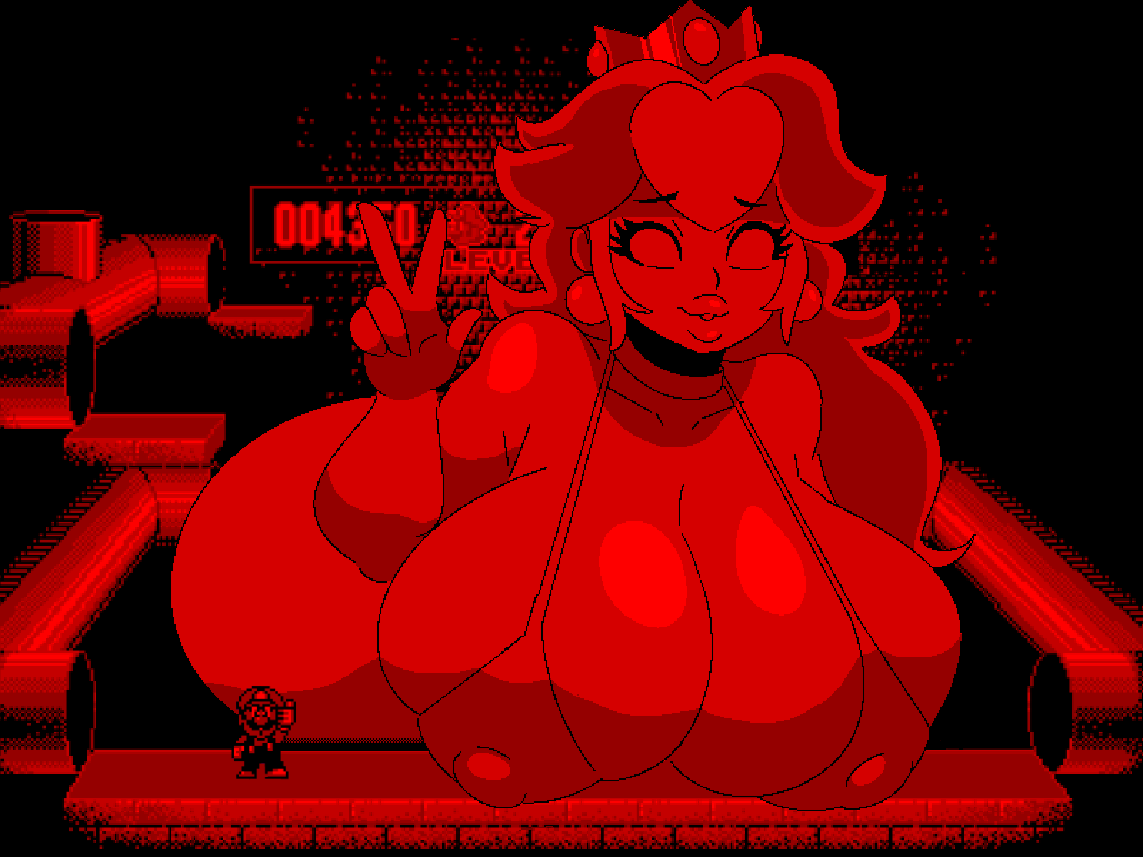 1girls, bikini, bikini top, breasts, earrings, empty eyes, female, female focus, huge ass, huge breasts, lips, lipstick, mario, mario (series), nintendo, nipple bulge, pixel art, princess peach, tagme, v, virtual boy, windreg