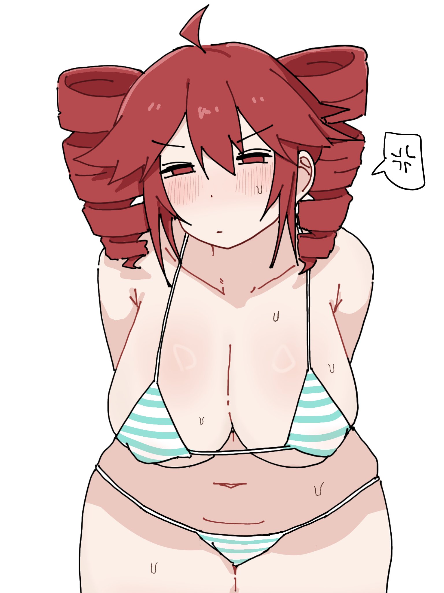 1girl, 1girls, anger vein, angry, arms behind back, bent over, big breasts, bikini, blush, breasts, ccitrus0, chubby, chubby female, clothing, color, curvy, embarrassed, female, female focus, female only, hands behind back, hanging breasts, huge breasts, huge thighs, kasane teto, leaning forward, light skin, looking at viewer, open eyes, pixiv link, plump, red eyes, red hair, simple background, solo, source, striped bikini, sweat, sweatdrop, thick thighs, twitter link, vocaloid, white background, wide hips
